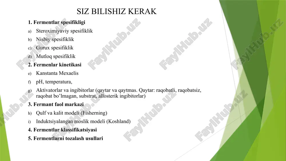 g'langan faol joyga ega. 3. fermentning faolligiga ferment konsentratsiyasi, substrat, harorat, ph va boshqalar kabi omillar ta'sir qiladi. yarim maksimal tezlikni hosil qilish uchun substrat konsentratsiyasi mixaelis doimiysi (km qiymati) deb nomlanadi. 4. fermentlar faoliyati qaytariluvchi (raqobatbardosh va raqobatdosh bo'lmagan), qaytarilmas va allosterik usullar bilan ingibirlanadi. 5. ko'pgina fermentlar o'z ta'siri uchun kofaktorlar (kofermentlar) deb ataladigan ma'lum oqsil bo'lmagan moddalarni talab qiladi. kofermentlarning aksariyati b-kompleks vitaminlarining hosilalaridir (masalan, nad+, fad, tpp va boshqalar). 6. fermentning ta'sir qilish mexanizmi qulf va kalit modeli (fisherning), yaqinda induktsiyalangan moslik modeli (koshland) va substrat deformatsiyasi nazariyasi bilan izohlanadi. 7. fermentlar kislota-asos kataliz, kovalent kataliz yoki yaqinlik kataliz orqali reaksiya tezligini oshiradi. 8. tirik tizimda allosterik mexanizm, profermentlarning faollashuvi, fermentlarning sintezi va parchalanishi va hokazolar natijasida yuzaga kelgan fermentlar darajasining doimiy tartibga solinishi mavjud. 9. qon tarkibidagi fermentlarini baholash bir qancha kasalliklarni tashxislashda katta yordam beradi. o'tkir pankreatitda qonda amilaza va lipaza ko'payadi; gepatitda alanin …