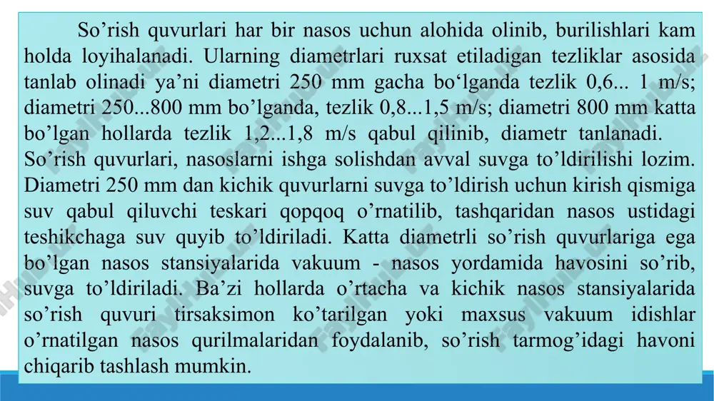 a tayyorlanishi mumkin. iii. aerasion armatura. bunday armaturalarga havo chiqaruvchi vantuzlar va havo kirituvchi qopqoqlar kiradi. vantuzlar davriy ravishda quvurlarga to’planib qoladigan havoni chiqarib turishga xizmat qiladi. ular sharli, dastali va membranali turlarga bo’linadi. iv. saqlovchi armatura suv sarfi yoki bosimni avtomatik ravishda chegaralab turishga xizmat qiladi. nasoslarning ish jarayonidagi o’tish (ishga solish va to’xtatish) davrlarida quvurlardagi bosimni chegaralash uchun saqlovchi tashlamali psu-100 qurilmasi, himoyalovchi gidravlik qopqon (kzg-120), gidravlik zarb so’ndiruvchi (gum) va saqlovchi qopqoq-vantuzlar qo’llanishi mumkin. bularni asosiy kamchiligi - bosim chegaralangan qiymatidan ortib ketganda, biroz kechikib ishga tushishi hisoblanadi. v. saqlovchi - to’suvchi armaturalarga suyuqlik oqimini teskari harakatini oldini oluvchi va nasoslarni bosimli quvurlardan ajratib qo’yuvchi teskari qopqoqlarkiradi. sanoatda tarelkasi yuqoriga osiladigan va ekssentrik o’qli teskari qopqoqlar ishlab chiqariladi. vi. yig’ish va o’tkazish armaturalari. stansiya ichki kommunikasiyalarini ochib - berkitilishini yengillashtirish uchun yig’ish ulamalari sifatida salnikli kompensator va payvandlanadigan po’lat ulamalar qo’llanadi. nasos stansiya binosi devoridan quvurlarni o’tkaziladigan …