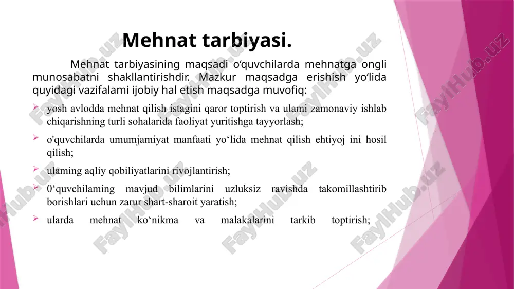 ay vaziyatlariga barqaror qarshi tura olishini mustahkamlash; 2) asosiy harakatlantiruvchi sifatlami rivojlantirish - bolaning xilma-xil harakatga doir faoliyatga qobiliyatliligi uning barcha jismoniy sifatlari - kuchlilik, chidamlilik, chaqqonlik va epchillikni yuksak uyg‘unlikda rivojlanishini ta’minlaydi; 3) hayotiy muhim harakatga oid ko'nikma va malakalami shakllantirish ^ bolada maxsus harakatga doir bilim, ko‘nikma va malakalami tarkib toptirish. harakatga doir tasawurlarga tayangan holda bola turli sharoitlarda o‘z xatti-harakatlarini boshqara olish imkoniyatiga ega boladi; 4) jismoniy madaniyatning tizimli mashg‘ ulotlariga barqaror qiziqish va ehtiyojlami tarbiyalash. soglom turmush tarzining asosida bolaning doimiy ravishda o‘z-o‘zini jismonan rivojlantirishga ichki tayyorligi yotadi. u muntazam jismoniy mashqlar bilan shug‘ullanish va bolalaming jismoniy mashg‘ulotlarga faol munosabati natijasida vuzaga keladi; 5) jismoniy madaniyat va sport, tibbiy va gigiyena sohalariga oid minimum nazariy bilimlarni egailash zarurligi. bolalar kun tartibi va shaxsiy gigiena haqida, jismoniy madaniyat va sportning salomatlikni mustahkamlashdagi ahamiyati haqida aniq tasawurlarga ega bo'lishi zarur. b.t.lixachev jismoniy tarbiyaning quyidagi vazifalarini ajratib ko‘rsatadi: 1) …