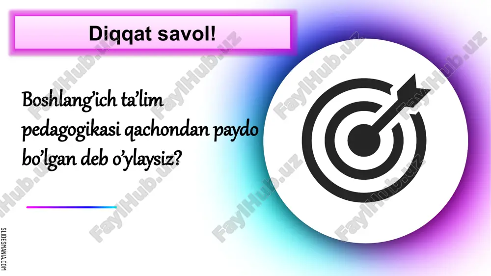 an. slidesmania.com xvii asrlarda boshlang'ich ta'lim tizimi yangiliklar vujudga keldi. talabalarga bilim berish o‘qituvchining mas’uliyatli burchidir, deb ibn sino o‘qituvchining shaxsiyati qanday bo‘lishi kerakligi haqida quyidagi fikrlarni bildirgan: — bolalar bilan muomalada bosiq, jiddiy bo‘lish; — beriladigan bilimni talabalar qanday o‘zlashtirib olayotganiga e’tibor berish; — ta’limda turli usul va shakllardan foydalanish; — talabaning xotirasi, bilimlarni egallash qobiliyati, shaxsiy xususiyatlarini bilish; — fanga qiziqgira olish; — berilgan bilimlarning eng muhimini ajratib o‘qitish; — bilimlarni talabalarning yoshi, aqliy darajasiga mos ravishda berish; — har bir so‘zning bolalar hissiyotini uyg‘otish darajasida bo‘lishiga erishish zarur. slidesmania.com o’qituvchining kasbiy kompetensiyasining qadimiy asoslari qurʼondan oʻgitlar 1. qoʻpol, qalbi qattiq boʻlmang. (oli imron surasi 159-oyat) 2. gʻazabni yuting. (oli imron surasi 134-oyat) 3. kechirimli boʻling. (aʼrof surasi 199-oyat) 4. odamlarga yumshoq soʻz ayting. (toho surasi 44-oyat) 5. ovozingizni pasaytiring. (luqmon surasi 19-oyat) 6. agar qarzdor tang ahvolda boʻlsa, unga qoʻshimcha muddat bering. (baqara surasi 280-oyat) 7. ribo …