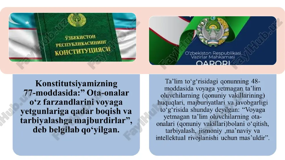 ‘ o‘quv yili davomida ota-ona va maktab hamkorligi yo‘lga qo‘yiladi 3 maktabda “otalar yig‘ilishi”ni tashkil etish tajriba almashish direktor, sinf rahbarlari, mmibdo‘ har chorak yakunida otalar mas’uliyati oshiriladi 4 farzandi tarbiyasida muammosi bor ota-onalar uchun psixologlar bilan uchrashuvlar tashkil etish seminar –trening, amaliy mashg‘ulotlar direktor, sinf rahbarlari, mmibdo‘, psixolog har chorakda ota-onalar tajribasi ortadi 5 ota-onalari va farzandlari uchun kitobxonlik kechalarini o‘tkazish munozara, suhbat, direktor, sinf rahbarlari, mmibdo‘, kutubxonachi, fan o‘qituvchilari har oy so‘ngida o‘quvchi va ota-onalarning ma’naviy dunyosi kengayadi e’tiboringiz uchun rahmat!