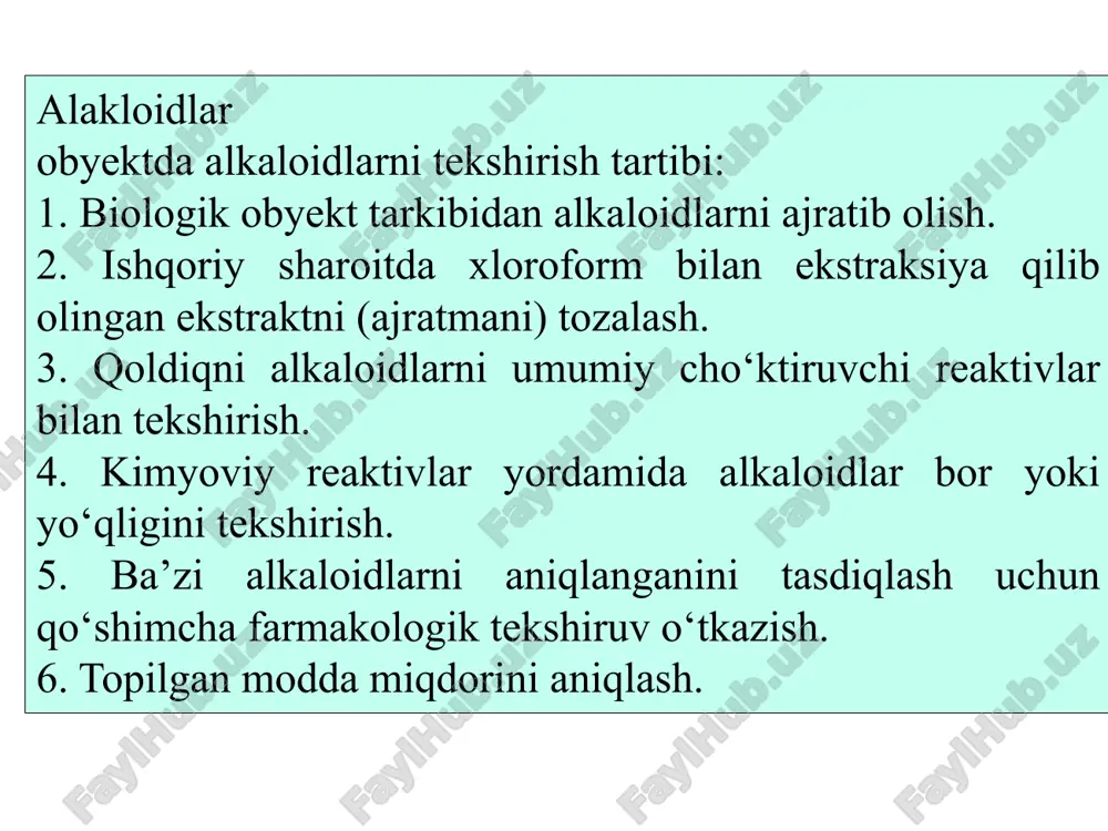n. eruvchanligi: xloroformda (1:5,5), etanolda (1:66), suvda (1:46), asetonda (1:50), efirda(1:530) kam eriydi. pka 0,8 t½ 2,3-12 soat zaharli dozasi (vd) 0,4-0,6 l/kg qo‘llanilishi va toksikologik ahamiyati. kofein orqa miya sezuvchanligini oshiradi, yurak faoliyatini yaxshilaydi. organizmda peshobni ko‘p miqdorda ajratuvchi preparatlar sifatida ishlatiladi, organizmga kumulyativ ta’sir ko‘rsatmaydi. kofeinga o‘rganib “teizm” xastaligiga moyillar 25-50g quruq choyni bir yo‘la oz miqdordagi suvda damlab ichadilar. kofein bilan zaharlangan organizmning halok bo‘lish hollari ham mavjud. metobolizmi. ishqoriy muhitda kofeidin moddasini hosil qiladi. ashyoviy dalil tarkibidan ajratib olish: nordonlashtirilgan suv yoki spirt yordamida kislotali va ishqoriy muhitda ajratib olinadi. kofeinni sifat reaksiyasi. 1. umumiy cho‘ktiruvchi reaktivlar bilan - cho‘kma beradi. 2. hqcl2 ta’sirida ninasimon kristallar beradi. 3. nessler reaktivi bilan reaksiyasi. kofein qizil qo‘ng‘ir rangli cho‘kma hosil qiladi. teobromin bu sharoitda cho‘kma bermaydi. 4. mureksid hosil bo‘lish reaksiyasi. kofein metil mochevina dimetilalloksan dimetilallur k-ta dimetilalur kislota va dimetil alloksan bir-biri bilan birikib tetrametilalloksantinni hosil qiladi …