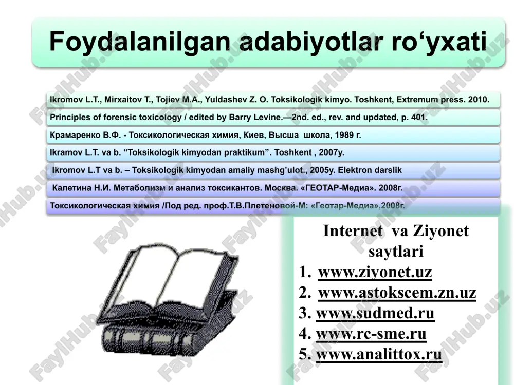 - ods hyhersil (160 x 5 mm, 5mkm); mobil faza - izopropanol - chumoli kislotasi - 0,1 m fosfat buferi, rn 13,6 (176:1:1000) detektor - ub - 242 nm; tahlil vaqtida 0,95 daqiqada moddaga xos bo‘lgan cho‘qqi paydo bo‘ladi. 4.ub-spektrlari: antirpirinni 0,1 n xlorid kislotadagi eritmasi 230 (ε=590), ishqordagi eritmasi 242 (ε=649) va 256 nm to‘lqin uzunligida maksimum nur yutadi. 5. iq- spektrlari. (kbr disk) antipirin 1660, 770, 1318, 1305, 1590, 1580 cm−1 ga teng spektrlar hosil qiladi. 6. mass spektrlari: 188, 96, 77, 56, 105, 189, 55, 51 m/z cho‘qqilar hosil bo‘ladi. miqdorini aniqlash: 1. ub spektri asosida spektrofotometrik aniqlanadi. 2. gsx va yussx usullarida. amidopirin qo‘llanilishi va toksikologik ahamiyati. tibbiyotda og‘riq qoldiruvchi, shamollashga qarshi preparat sifatida qo‘llaniladi. amidopirinni uzoq vaqt qabul qilinishi, ayrim hollarda qon ishlab chiqaruvchi a’zolar faoliyati ishdan chiqaradi, terida toshmalar hosil bo‘ladi. toksikologik ahamiyati va zaharlanish alomatlari ham antipiringa o‘xshash. metabolizmi. amidopirin qizil rangli rubazon, …