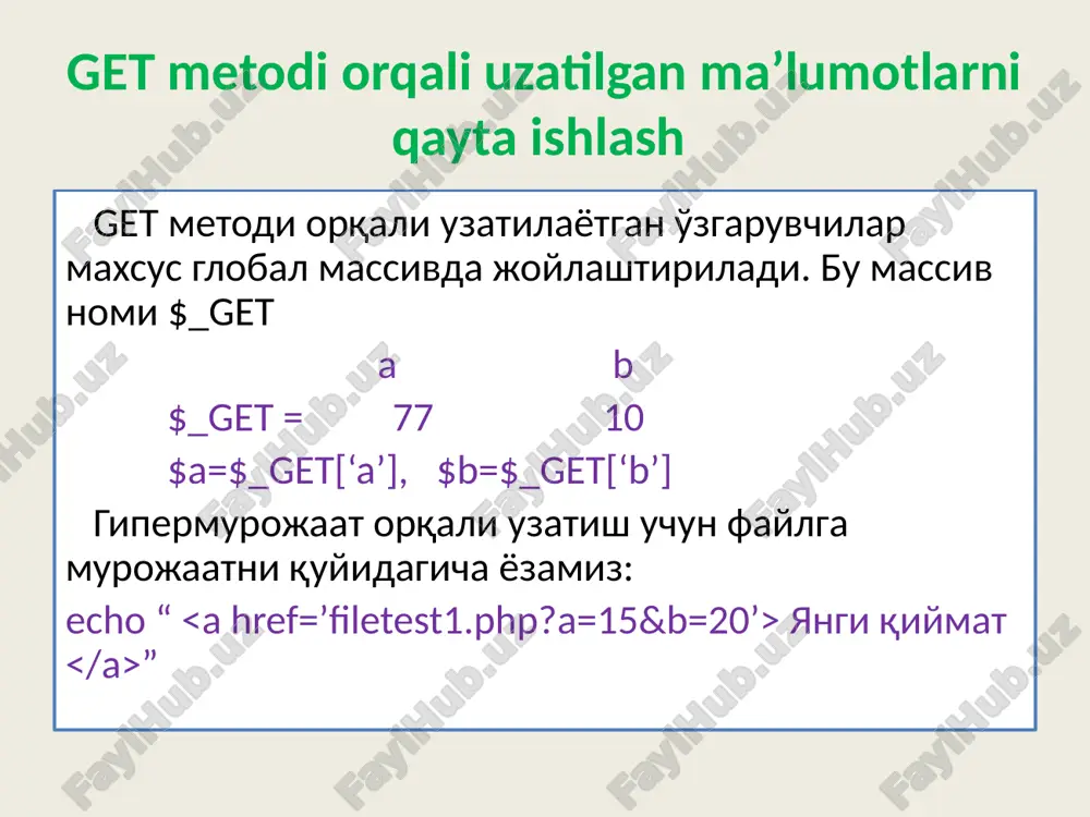 qayta ishlashni tashkil etuvchi dastur kodining mantiqiy qismi. u taqdimot bilan modelni bir-biriga bog'laydi. mvc kontseptsiya model ma'lumotlar bilan ishlaydigan dastur kodining tashkil etuvchisi. kontroller taqdimot bilan modelni bir-biriga bog'laydi. kontroller so'rovni oladi, modelga murojaat qilib undan ma'lumotlarni oladi, taqdimotni tanlaydi, taqdimotni shu olingan ma'lumotlar bilan to'ldiradi va natijalarni foydalanuvchiga taqdim etadi. mavzu bo’yicha savollar: get va post metodlari qanday maqsadda ishlatiladi? get metodining post metodidan farqi nima? include instruksiyasi haqida ma’lumot bering. md5 funksiyasi nima uchun ishlatiladi? phpmyadmin ilovasi haqida ma’lumot bering. mysql ma’lumotlar bazasiga ma’lumot kiritish va undan o’qish uchun qaysi operatorlar ishlatiladi? image1.wmf image2.png image3.png image4.png /docprops/thumbnail.jpeg