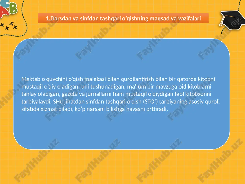 o’rsatadilar, ikki-uch o’quvchi o’zlari o’qigan kitob haqida gapirib beradi, darsda o’zaro fikr almashish holati yaratiladi (bu holat darsdan tashqpri vaqtda ham davom etishi mumkin). 2. har bir darsda o’qish uchun yangi kitob (asar)lar tavsiya qilinadi. tavsiya qilish shakllari turlicha bo’lib, ular fikr almashuv, kitobni ko’rsatish, sinfda ko’rgazma tashkil etish, o’quvchilarni qiziqtirish uchun tavsiya qilinadigan kitobdan biror parchani o’qib berish, rasmlarni ko’rsatish yoki film namoyish etishdan iborat bo’lishi mumkin. 3. har bir darsda o’quvchilarga asarni yaxlit holda o’qitish mumkin. agar asar hajmi kattaroq bo’lsa, bu ish ikki-uch dars davomida amalga oshiriladi. bunda o’quvchilar o’zlari o’qigan kitobdan biror parchani ovoz chiqarib o’qib berishlari mumkin. bu jarayonda ichda o’qishdan ham, she’r yodlashdan ham, rollarga bo’lib o’qishdan ham foydalaniladi. sinfdan va maktabdan tashqari ishlarning tarbiyaviy ta`siri ko’p darajada o’quv jarayonini tashkil etish saviyasiga hamda o’quvchilar jamoasininig xilma -xil ishlarni qanday yo’lga qo’yishlariga bog`liqdir. sinfdan tashqari faoliyat majburiy dastur bilan chegaralanmaydi, balki yoshlar har xil …