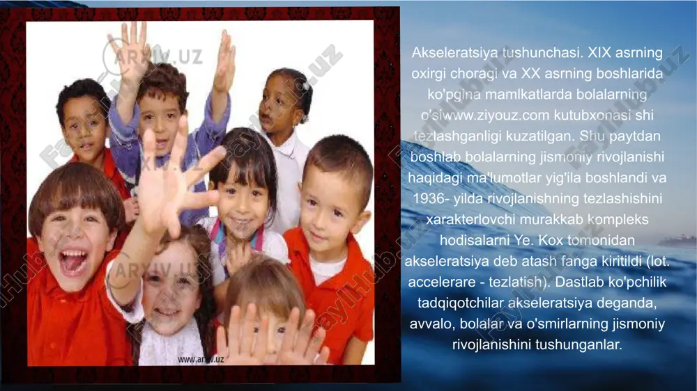 anishni organizm uchun stimullovchi xususiyatga egaekanligi haqida ham ma’lumotlar bor. oziqlanishning yaxshilanishi bilan bir qatorda tibbiyotning umumiy yutug'i bilan bog'liq bo'lgan chaqaloqlik va bolalikda kasallanishlarning umumiy pasayishini ham asosiy sabablardan biri deb hisoblaydilar. fan va texnikaning rivojlanishi odamlar organizmiga ko'plab yangi omillarning ta'sirini yuzaga chiqishiga olib keldi, ya'ni ushbu omillarning xususiyatlari va ta'siri amalda haligacha to'liq aniqlanmagan (bu verda gap sanoatda, qishloq xo'jaligida qo'llanilayotgan kimyoviy moddalar, dorivor vositalar va boshqalar haqida bormoqda). akseleratsiya yosh avlodning ruhan va jismonan tez oʻsishidir. akseleratsiya 100 yil ya'ni bir asr ichida yaqqol koʻzga tashlanganligi uchun, akseleratsiya keng ma'noda «sekulyarniy trend» ya'ni asriy tendentsiya deyiladigan boʻldi. soʻnggi 100 yil ichida yangi tugilgan chaqaloqlarning boʻyi 5-6 smga, kichik va oʻrta maktab yoshidagi bolalarning boʻyi 10-15 sm ga, vazni esa 8-10 kg ga ortdi. bundan tashqari akseleratsiya katta odamlar tana oʻlchamlarining ortishini, odam umrining uzayishini, xayz kechroq tugashini, ruxiy funktsiyalar va odam rivojlanishidagi boshqa oʻzgarishlarni oʻz ichiga …