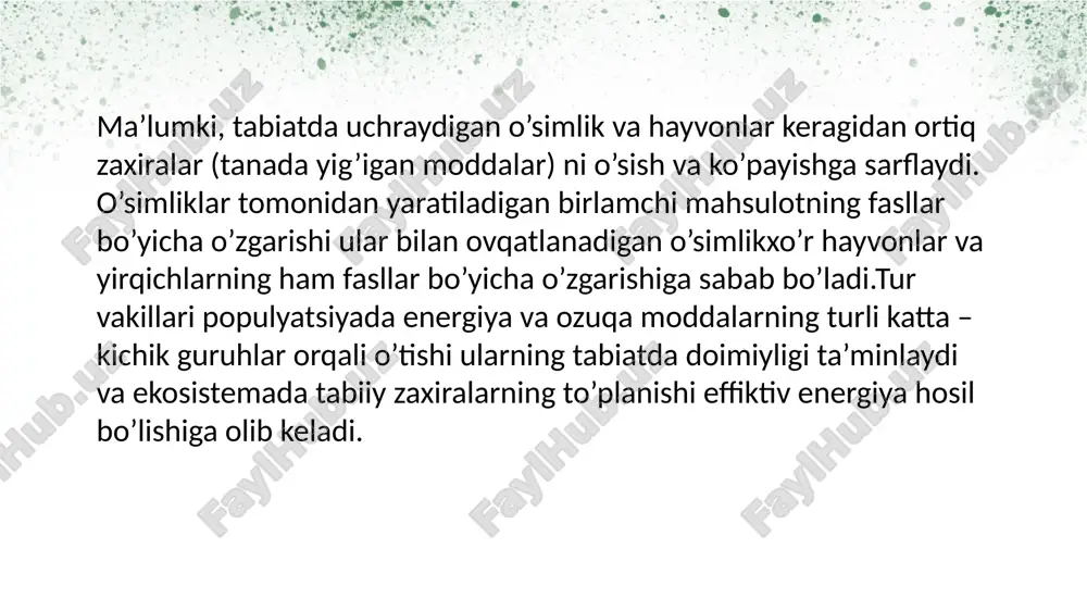 i. populyatsiyaning statistik ko'rsatkichlar xarakteristikasi hozirgi vaqtdagi ularning soni, joylashishi, zichligi va struktura tuzilishi xarakteristikasidan iborat. dinamik ko'rsatkichlar populyatsiyada ma'lum davr oralig'idagi bo'ladigan tug'lish, o'lish va populyatsiyalarning o'sishi jarayonlarini o'z ichiga oladi. panmektiv populyatsiya soni, miqdori - alohida populyatsiyalarning soni, masalan, o'simliklar soni zichligi - ma'lum maydonga yoki hajmga to'g'ri keladigan populyatsiyalarning biomassasi yoki alohida soni bo'lib, ular vaqtlar davomida o'zgarishi mumkin. tabiatda populyatsiyalarning aralashib ketishiga geografik (suv havzasi, togʻ, oʻrmon, choʻl), biologik (jinsiy apparatning tuzilishida kuyikish va uya qurish, oʻsimliklarda gullash muddatida farq boʻlishi), ekologik (yashash muhiti — namlik, tuproq tarkibida farq boʻlishi) alohidalanish toʻsqinlik qiladi. populyatsiya evolyusiyaning eng kichik va asosiy birligi hisoblanadi. chunki evolyusion jarayon populyatsiya ichida boshlanadi. populyatsiya individlari orasida doimo irsiy oʻzgaruvchanlik paydo boʻlib turadi. jinsiy koʻpayish tufayli bu oʻzgaroʻvchanlik populyatsiya individlari orasida tarqalib, uni geterogen qilib qoʻyadi. populyatsiyada boradigan yashash uchun kurash va tabiiy tanlanish tufayli foydali oʻzgarishlarga ega boʻlgan individlar saqlanib qolib, nasl …