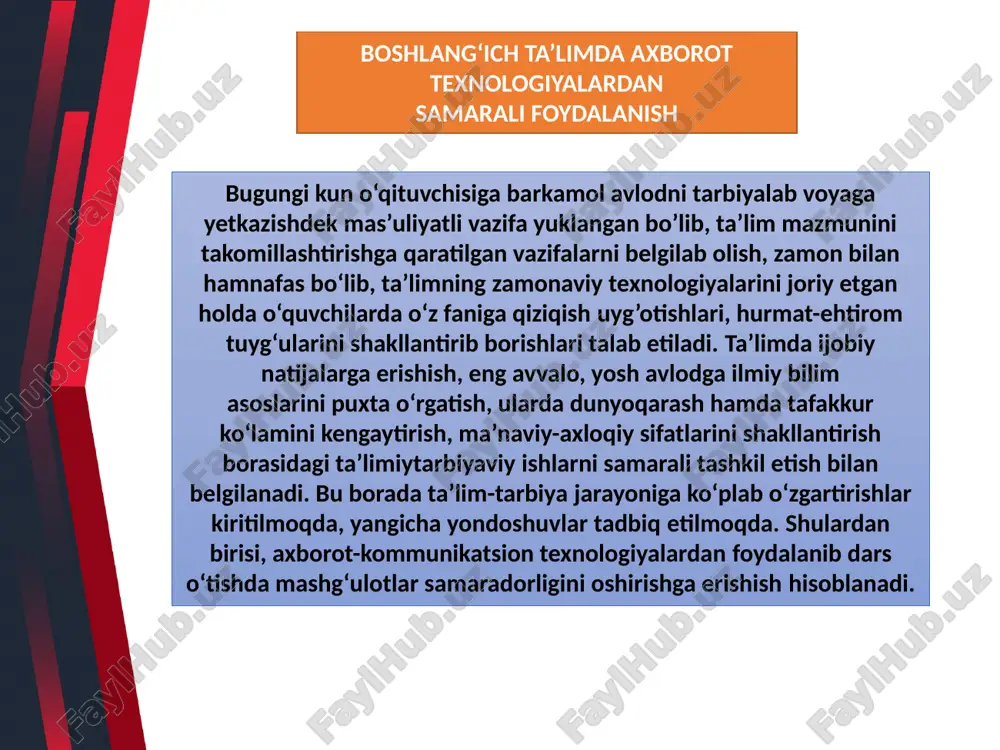 yicha kompyuter yordamida o’qitish); dasturiy mahsulotlarni yaratish; turli axborot muhitidan foydalanish. zamonaviy axborot texnologiyalarning jadal taraqqiy etib, ta’lim sohasiga jadal kirib kelishi, hayotimizda muhim ahamiyatga ega bo‘lib borayotgani bu boradagi bilim va malakalarimizni ham mos ravishda shakllantirishni taqozo etadi. shuning uchun, boshlang‘ich sinflarda kompyuterdan foydalanib dars o‘tish tavsiya qilindi. dars jarayonining muhim yutuqlaridan biri kompyuter texnologiyalari komponentlaridan foydalanishni ta’minlovchi dasturiy vositalarning yaratilishi bo‘ldi. ayniqsa, o‘quv jarayonining tashkil qilishda bu dasturiy vositalar alohida ahamiyatga ega. elektron qo‘llanmalarning “ma c r o me d i a f l a s h ” , “ g i f a n i ma t i o n ” , “mi c r o s o f t f r o n t p a g e ” , “ a b o b e f o t o s h o p ” , “ 3 d ma x ” , “mi c r …
