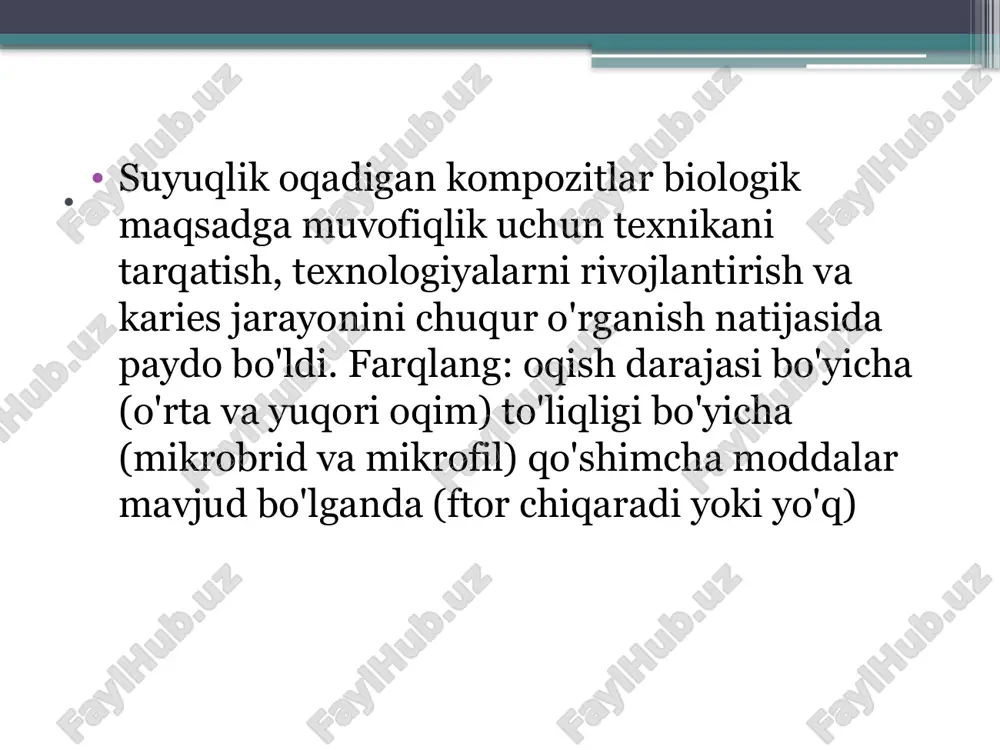 qo'shni tishlar va antagonist tishlarga mos kelishi kerak . rangni tanlash shartlari: kunduzgi yorug'lik (tegmaslik 11–13 soat); bulutli, ammo yomg'irsiz kun; shimol tomonga qaragan oynada rang tanlash; ho'l tish; neytral atrof-muhit fonida (yorqin lab bo'yog'i, kiyim, devorlarning rangi, peçeteler va hokazolar bundan mustasno); optimal fon kul rang. rangni aniqlashda muhim nuqta shaffoflikni (shaffof, shaffof va tiniq tishlar) aniqlashdir. «palfique estelite lv low flow» (tokuyama) — suyuq va "an'anaviy" kompozitlar orasidagi mustahkamlik oralig'i bo'lgan past suyuqlikli suyuq kompozit. matritsali tizimlardan foydalanganda vertikal sirtlarda ishlash uchun mo'ljallangan. tiksotropiyani kuchaytirgandan so'ng, bu bo'shliqqa oqmaydi va tish tuzilishini uni kiritish bosqichida taqlid qilishga imkon beradi. «palfique estelite lv high flow» (tokuyama) — yuqori suyuqlik bilan suyuq kompozit. u har qanday burmalarni va pastki qismlarni osongina va ishonchli ravishda to'ldiradi. yoriqlarni muhrlashda, tunnelni to'ldirish texnikasida murakkab shakldagi bo'shliqlarda adaptiv qatlam hosil qilishda ushbu materialdan foydalanish afzalroqdir. «esteliite flow quick» —tokuyamaning so'nggi rivojlanishi. bu mikroto'lqinli suyuqlik, …