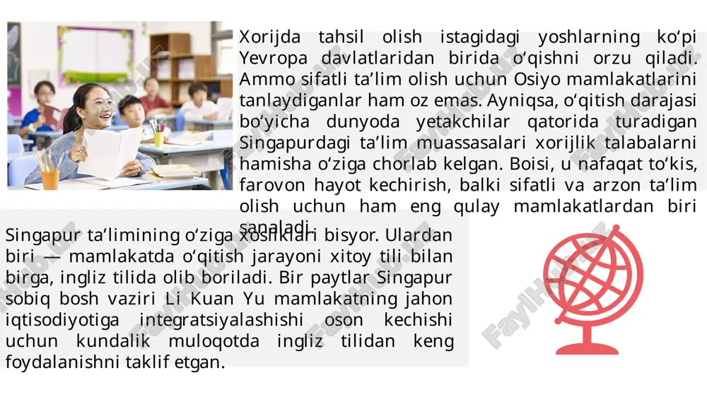 o‘rganish qobiliyatiga ko‘ra guruhlarga ajratiladi. maktablarda o‘quvchilarga shaxsiy imtihon topshirish tizimini ishlab chiqish imkoniyati berilgan. bu har bir bolaning o‘z qobiliyatini yanada yaxshiroq namoyon etishini ta’minlaydi. imtihonlar yakunida bolalar iqtidoriga ko‘ra ingliz va ona tilidan boshlang‘ich, standart hamda yuqori daraja, matematika va tabiiy fanlardan dastlabki va standart darajalardan birini oladi. o‘qish so‘ngida o‘quvchilar bitiruv imtihonini topshiradi va ta’limning keyingi bosqichiga o‘tish uchun psle (primary school leaving examination) shahodatnomasiga ega bo‘ladi. o‘quvchilar imtihon natijalari asosida o‘rta maktabning maxsus (4 yil), texnik (4 yil), ekspress (4 yil), akademik (5 yil) yoki integrallashgan (5-6 yil) kurslaridan biriga qabul qilinadi. maxsus va ekspress kurslarni tamomlagan o‘quvchilar 2 yillik kollejlarga o‘qishga kirishi mumkin. maxsus va ekspress yo‘nalishlar 4 yillik ta’lim kurslarini o‘z ichiga olib, ularda asosan ona tili fani chuqurlashtirilgan holda o‘qitiladi. o‘quvchi unga qo‘shimcha tarzda biror chet (fransuz, nemis yoki yapon) tilini o‘rganishi mumkin. singapur ta’lim tizimi maktabni tamomlagach, o‘quv­chilar kollejga kirishi mum­kin. 01 …