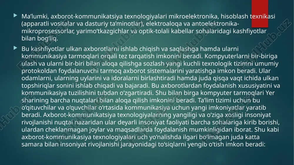 kuni ular qatoriga yana 7,3 mln yangilari qo‘shilmoqda. bugungi kunda internetga simsiz ulanishni ta’minlovchi, shu jumladan, mobil telefonlar soni internetga ulanadigan shaxsiy kompyuterlar sonidan ortib ketdi. hozirgi kunda elektron savdo jahondagi hajmi 233 mlrd. dollarni tashkil etadi. foydalanuvchilar soni ko‘payib borishi bilan axborot texnologiyalari faqat inson tasavvuri imkoniyatlari bilangina chegaralanadi. barkamol, har tomoonlama rivojlangan shaxsni tarbiyalash muammosi ta’lim tizimidan yosh avloddan faqat milliy madaniyat yutuqlarini emas, balki umuminsoniy dunyo madaniyati yutuqlarini ham egallab olishga intilishni shakllantirishni talab etadi. barkamol shaxsni tarbiyalash g‘oyasi milliy mustaqillikning ustuvor g‘oyalaridan biri hisoblanadi. ta’lim sifatini, ma’naviy-g‘oyaviy tarbiyasi darajasini oshirish vazifasi hisoblanadi. kadrlar tayyorlash milliy dasturini amalga oshirish so‘zsiz yangi axborot texnologiyalariga asoslanishi zarur. ta’lim tizimini rag‘batlantirmay turib, fuqarolik jamiyatini qurib bo‘lmaydi. ta’lim tizimi yopiq nuqtai nazarlar, qarashlar statik tizimi emas, bir uzluksiz jarayondan iborat bo‘lishi kerak. mustaqil respublikamizning rivojlanishini kafolatlash uchun ta’lim tizimi dinamik, mukammal bo‘lishi kerak. gumanitar ta’lim tizimi – bu shaxsiy fikrlashini qayta …