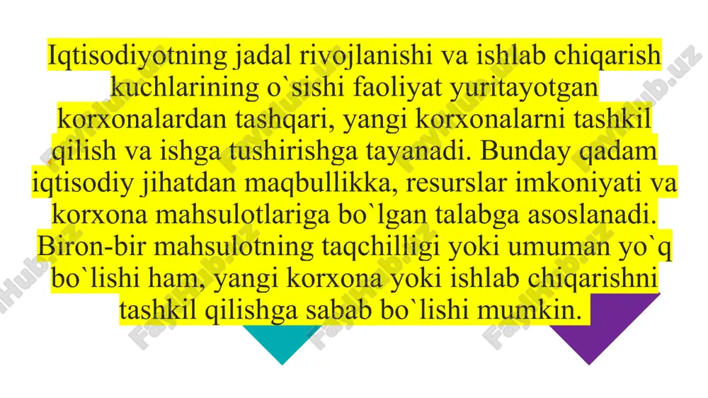 o`rsatuvchi soha va tarmoq, atrof-muhit va odamlar sog’lig’ini muhofaza qilish kafolati, boshqaruv shakli, hisobga olish va hisobot tizimi ham aks ettirilishi lozim. korxona to`g’ri va to`liq tayyorlangan nizom asosida mahalliy hokimiyat idoralarida ro`yxatga olinadi, keyin esa o`z muhriga ega bo`lish va bankda hisob raqami ochish huquqini qo`lga kiritadi. o`z muhri va hisob raqamiga ega bo`lmagan korxona, huquqiy shaxs hisoblanmaydi va mustaqil korxonalar qatoriga kiritilmaydi. 01 02 04 03 ta`sis shartnomasi korxonaning tashkil qilinishi va yakka tarzda yoki hamkorlikdagi faoliyatning boshlanishini tavsiflovchi hujjatdir. u shuningdek, tashkil etilayotgan korxonaning nizomini to`ldiruvchi hujjat qilib hisoblanadi. ta`sis shartnomasida korxonani tashkil qilish tartibi, daromad va xarajatlarni qatnashchilar o`rtasida taqsimlash shartlari, ishtirokchilarni (ta`sischilar) korxona tarkibidan chiqish faoliyat tartibi belgilab qo`yiladi. korxona mulkini shakllantirish va undan foydalanish nizom va ta`sis shartnomasining muhim qismi hisoblanadi. “korxonalar to`g’risida” gi qonunga asosan quyidagilar korxona mulkini shakllantirishning manbalari hisoblanadi: - ta`sischilarning pul va moddiy ko`rinishdagi badallari; - mahsulot (ish, xizmat) sotishdan …
