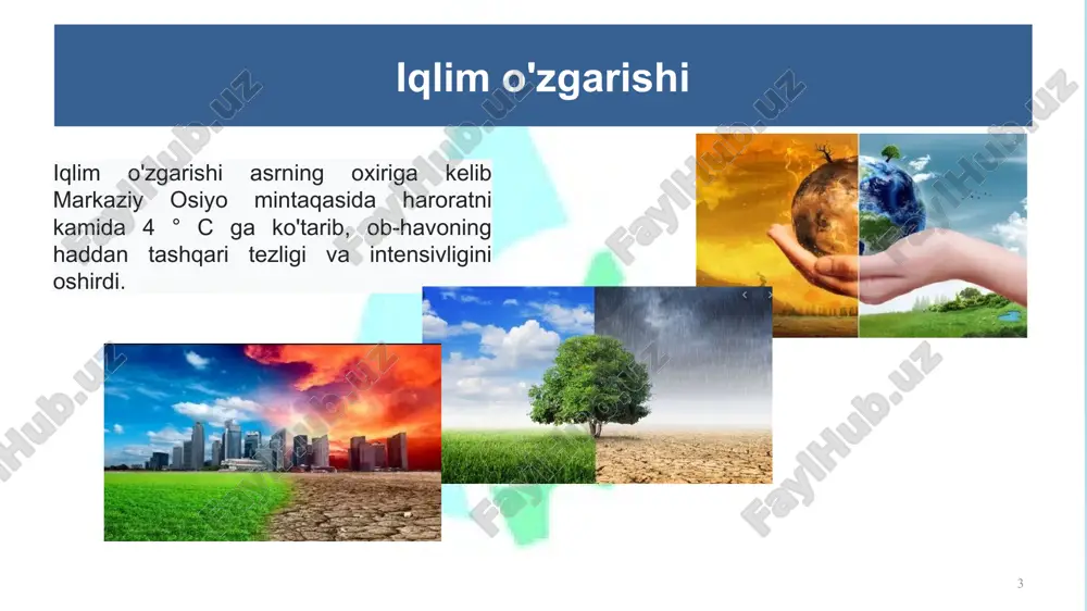 'lgan maxsus muassasa hisoblanadi. 18 meteorologik stantciya va postlar meteorologik stantsiyalarda ma'lum bir ketma-ketlikda yagona usuldan foydalangan holda doimiy meteorologik o'lchov va kuzatuvlar (ob-havo va iqlimni kuzatish) olib boriladi. 19 meteorologik stantciya va postlar meteorologik stantsiyalarda yig'ilgan ma'lumotlar gidrometeorologiya markaziga yoki boshqa iste'molchilarga etkaziladi 20 gidrologik stantciya va postlar 21 gidrologik stantciya ma’lum xodimlar statiga ega bo’lgan davlat tashkiloti va gidrometeorologiya tarmog'ining suv havzalari va hududlarining gidrologik rejimini kuzatadigan va o'rganadigan bo'linmasi gidrologik postlar suv ob’ektining tegishli qismida kuzatish va o’lchash ishlarini amalga oshirish maqsadida tanlangan, maxsus qurilmalar bilan jixozlangan joy 1 2 21 gidrologik stantciya razryadlari i-razryadli ii-razryadli suv ob’yektlarining gidrologik rejimi elementlari to’la o’rganiladi. ii razryadli stantsiyalarda amalga oshiriladigan suv o’lchash va kuzatish ishlarini nazorat qilib boradi, ularga raxbarlik qiladi. suv ob’yektlarida to’g’ridan-to’g’ri o’lchash va kuzatish ishlarini amalga oshiradi, gidrometrik ma’lumotlarni birlamchi qayta ishlaydi ii razryadli gidrologik stantsiyalar o’ziga biriktirilgan gidrologik postlarga mas’ul hisoblanadi. 22 2 1 3 …