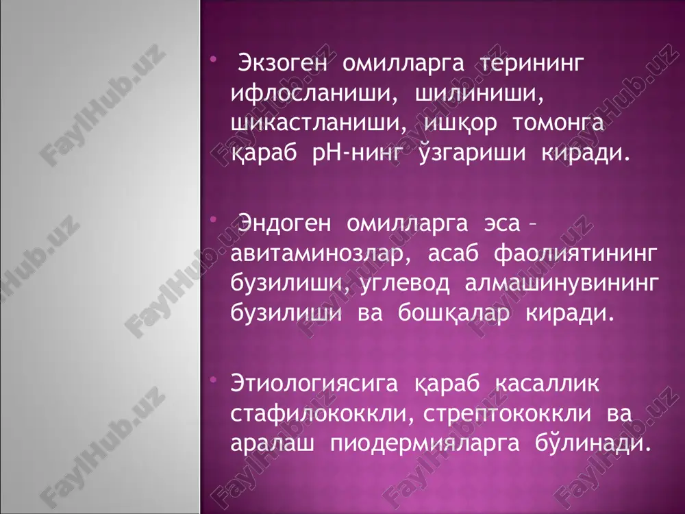 kin. bir nechta yiringli-nekrotik uchoklar kuzatiladi. klinik ko'rinishi. qattiq og'riqli chuqur joylashgan infiltrat paydo bo'lladi, yuzasida bir necha follikulyar pustulalar rivojlanish bosqichida bo'lishi mumkin. jarohatlangan to'qimalar vaqt o'tib nekrozga uchraydi va bir katta yara hosil bo'ladi. yara chetlari qizargan, notekis, yuzasida nekrotik bir necha tiqin (probka) bo'ladi. yara yuzasi katta bo'lib, qattiq og'riq, limfangoit, limfadenit, sepsis holatlari kuzatiladi. gidradenit – apokrin bezlarning yiringli yallig'lanishi. stafilokkoklar bezlarning yuliga teridagi travmalar orqali ( qo'pincha soch olinganda) kiradi. klinik ko'rinishi. teri sohasida og'riqli, chuqur, kichkina tugun yoki infiltrat hosil bo'ladi va kattalashib, uning markazida yiringcha vujudga keladi. tugun nekrozga uchrashi natijasida, follikulyar teshiklardan yiring va nekrotik to'qimalar ajralib chiqadi. yallig'lanish jarayoni tugagach, jarohat o'rnida tortilgan chandiqlar qoladi. gidradenit tezda qaytalib turishi va limfangoit, limfadenit va sepsis bilan birgalikda kechishi mumkin. impetigo – kontagioz kasallik. nofollikulyar, qopqog'i ilvillagan, atrofida qizil gardishi, ichida seroz yiringli suyuqligi bor pufaklar paydo bo'ladi klinik ko'rinishi. eritematoz qizargan teri …