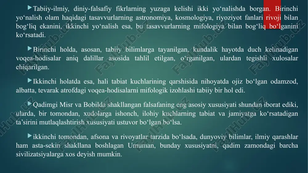 balarda ham o‘z aksini topgan. “upanishadalar” sirli bilim degan ma’noni anglatib, “veda”larning falsafiy qismini tashkil etadi. “upanishadalar” yaxlit kitob yoki falsafiy risola bo‘lmay, balki turli vaqtda turli mavzuda ijod etgan noma’lum mualliflarning matnlaridan iboratdir. ularning mazmuni va uslubi har xil va turlicha falsafiy qarashlar mahsulidir. “upanishadalar”dagi falsafiy mavzular, asosan, insonni o‘rab turgan borliq, uning hayotdagi o‘rni va vazifasi, tashqi olam va inson tabiati, uning hayoti va ruhiyatining mohiyati, bilish imkoniyatining chegaralari, axloq meyorlari haqidadir. falsafiy muammolar asosan diniy-mifologik nuqtai nazardan bayon etilgan. 4 qadimgi hind falsafiy maktablari ikki guruhga bo‘linadi. hindistonlik faylasuflar bu guruhlarni astika va nastika deb ataydi. vedanta, sankxya, yoga, vaysheshika, n’yaya va mimansa — astika guruhiga kiruvchi falsafiy maktablar. astika maktablarning tarafdorlari “veda”ning muqaddasligini tan olib, birdan-bir haqiqat undagina ifodalangan, deyishadi. nastika ya`ni chorvaka-lokayata tarafdorlari materialistik ta’limotni ilgari surganlari uchun “veda”ning muqaddasligini tan olishmaydi hamda olam ilohiy kuch tomonidan yaratilmagan, “veda” haqiqiy bilim bermaydi, olam sababiyat orqali …