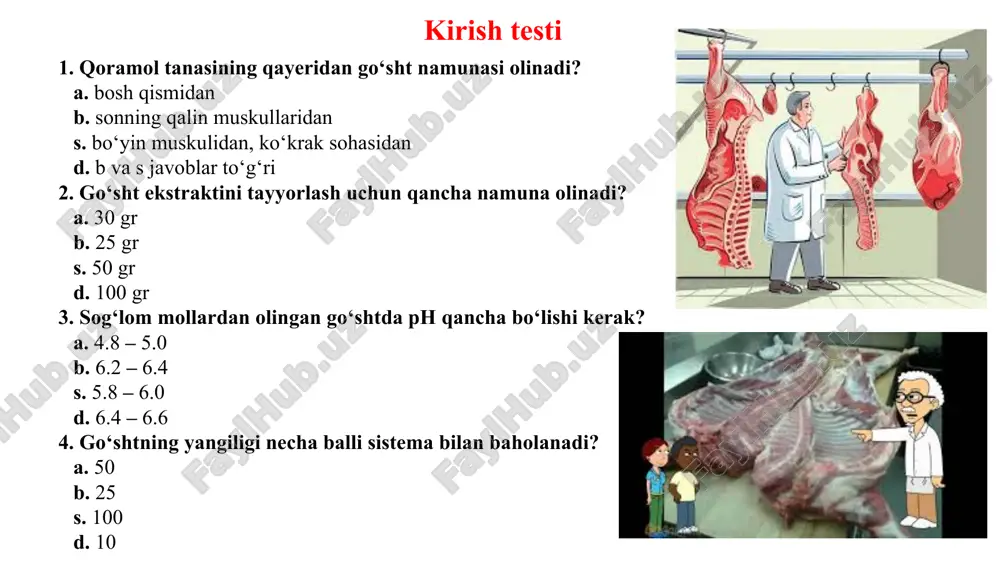 o‘sht ekstraktini tayyorlash uchun 25 gramm go‘sht olinib, u yog‘dan, paydan va suyakdan ajratiladi, keyin 40-50 bo‘lakka bo‘linib, 250 ml. hajmli kolbaga solinadi. bu kolbaga 100 ml. distirlangan suv quyilib, yaxshilab aralashtiriladi. bu go‘sht aralashmasi 15 daqiqa turgandan keyin (shu orada 3 marta qo‘zg‘atiladi) qog‘oz filtridan o‘tkazilib, filtrlanadi. go‘sht ekstraktini tayyorlash qoidaga muvofiq yaxshi go‘shtdan tayyorlangan ekstrakt filtr qog‘ozidan tezda o‘tadi va bu ekstraktning rangi tiniq bo‘ladi. buzilish jarayoni ketayotgan go‘shtlardan tayyorlangan ekstrakt filtrlanganda yomon filtrlanadi va olingan filtrat loyqa bo‘ladi. ph ni aniqlash uchun ishlatiladigan universal ionomer. ph ni aniqlash uchun ishlatiladigan komparator vodorod ioni konsentratsiyasining ko‘rsatkichini aniqlash (ph) vodorod ioni konsentratsiyasining ko‘rsatkichini aniqlashda mixaelis shkalasidan (ko‘rsatkichidan) foydalanib, 6 xonali komparator yordamida aniqlanadi 6 5 4 1 2 3 vodorod ioni konsentratsiyasining ko‘rsatkichini aniqlash (ph) ikkinchi nomerli probirkaga 2 ml tekshirilayotgan go‘sht ekstraktidan quyiladi va bunga yana 1 ml indikator (paranitrofinol), 4 ml distirlangan suv qo‘shiladi. birinchi, uchinchi, probirkalarga …