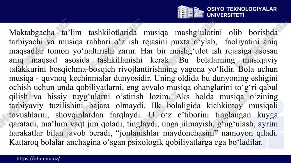 rakatlarda musiqaga bo‘lgan asosiy qobiliyatlarning asta-sekin shakllanish asoslarini ko‘rish mumkin. bolalarning bu yo‘nalishdagi o‘sishlari muvaffaqiyatli amalga oshishi uchun musiqa tarbiyasi bo‘yicha ishlarni musiqaning xususiyatini hamda bolalarning yosh imkoniyatlarini hisobga olgan holda tashkil etish lozim. tug‘ilgandan to to‘rt yoshgacha bo‘lgan bolalarni musiqa faoliyatining har xil turlariga jalb etish, ularda musiqaga e’tibor va qiziqishini tarkib toptirish, ularni ayrim ijrochilik malakalarini egallashga tayyorlash musiqa tarbiyasining mazmuni hisoblanadi. musiqa tarbiyachisi bola hayotiniig birinchi yillaridayoq ularni musiqa bilan tanishtiradi, ularda eng oddiy kuylarni kuylangan yoki bolalar musiqa asboblarida ijro etilgan kuylarning tinglash tajribasini orttirib, bunga ovoz yoki harakat vositasida javob qaytarishga undaydi, bolada o‘sishning keyingi bosqichlarida faollik musiqa faoliyati uchun zamin yaratadi. tovushning yo‘g‘on-ingichkaligini farqlash topshiriqlari. ikki yoshdagi bolalar uchun yo‘g‘on-ingichkaligi har xil bo‘lgan tovushlarni farqlash bo‘yicha birinchi topshiriq sifatida ovozli o‘yinchoqlar, ya’ni katta va kichik xo‘roz, mushuk va mushukcha, katta-kichik ayiq, qo‘g‘irchoqlar va shu kabilar qo‘llaniladi. bola ikki yoshga to‘lish arafasida va uch yoshda …