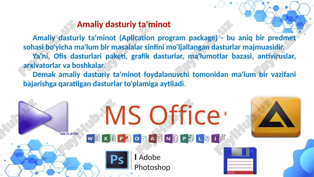 . 3 ko'cherish o’tish manzilni oʻzgartirish. 4 o'chirish o'chirish 9 windows fayl tizimlari: ntfs, fat32, exfat - taqqoslash va tanlash fayl tizimi ntfs fat32 exfat afzalliklar xavfsizlik, oʻlcham muvofiqlik katta fayllar kamchiliklar muvofiqlik faylning oʻlchami funktsional 10 dasturlarni boshqarish: dasturlarni oʻrnatish, oʻchirish, ishga tushirish o'rnatish oʻnatuvchini ishga tushirish. ishga tushirish ikki marta bosish. o’chirish boshqaruv paneli orqali. 11 windows moslamalari: personalizatsiya va tizim parametrlari oboi 1 mavzu 2 tovush 3 til 4 12 windows xavfsizligi: antivirus himoyasi va brandmauer antivirus viruslardan himoya qilish. brandmauer tarmoq trafigini boshqarisha. obnovleniya muhim himoya. 13 keng tarqalgan muammolarni hal etish: diagnostika va nosozliklarni bartaraf etish 1 diagnostika 2 yechimni qidirish 3 bartaraf etish 14 tibbiyotda windows dan foydalanish: amaliy dasturlarga misollar rasmni tahlil qilish diagnostika dasturlari bilan ishlash elektron kartalar bemor ma'lumotlarini kiritish. teletibbiyot onlayn konsultatsii. 15 tibbiy dasturiy ta’minot - bu qog’ozbozlikni qisqartirish, bemorning faolligini kuzatish kabi tibbiy kontekstda ishlatiladigan har qanday dasturiy …