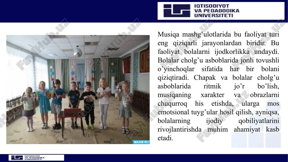 dik cholg’ular: tovush balandligiga ega bo‗lgan metallofon, ksilofon, metallofon va ksilofon alt (s1-s2), metallofon va ksilofon soprano (s2-s3), qo’ng’iroqchalardan iborat: bu cholg’ularning asosiy sozlanish tonalligi – do major. almashtiriladigan plastinkalar yaqin tonalliklarda ijro etish imkoniyatini beradi. eng pastki tovush doimo tonika bo’ladi. ijro paytida cholg’ular o’quvchining bel qismi balandligida bo’lishi lozim. tayoqchalarni bosh va ko’rsatkich barmoqlar orasida engil ushlash kerak. bunda qo’llar tirsakdan bilaklargacha erkin holatda bo’lishiga e‘tibor tortiladi. 8 interfaol ta'lim 3.tovushsiz cholg’ular. bularga musiqiy cholg’ularni ifodalaydigan o’yinchoqlar kiradi. masalan, tovushsiz fortepiano, royal va boshqalar. bular bolalarga o’yinga qiziqtirish uchun xizmat qiladi. musiqiy o’yinlar esa ijodiy va musiqiy eshituvni rivojlantiradi. tovush balandligi aniq bo’lmagan cholg’ular – baraban, shaqildoq, uchburchak, nog’ora, safoyil, quticha, kastaneta. faqat bir tovushni beruvchi o’yinchoq — cholg’ular. (bular ritmni chalish uchun qulay bo’ladi) – surnaycha, nay, rojki, sverelig va boshqalar. 4. ma‘lum bir kuynigina ijro eta oladigan cholg’u o’yinchoqlar. masalan musiqiy shkatulka, musiqiy quticha. bularni chalish …