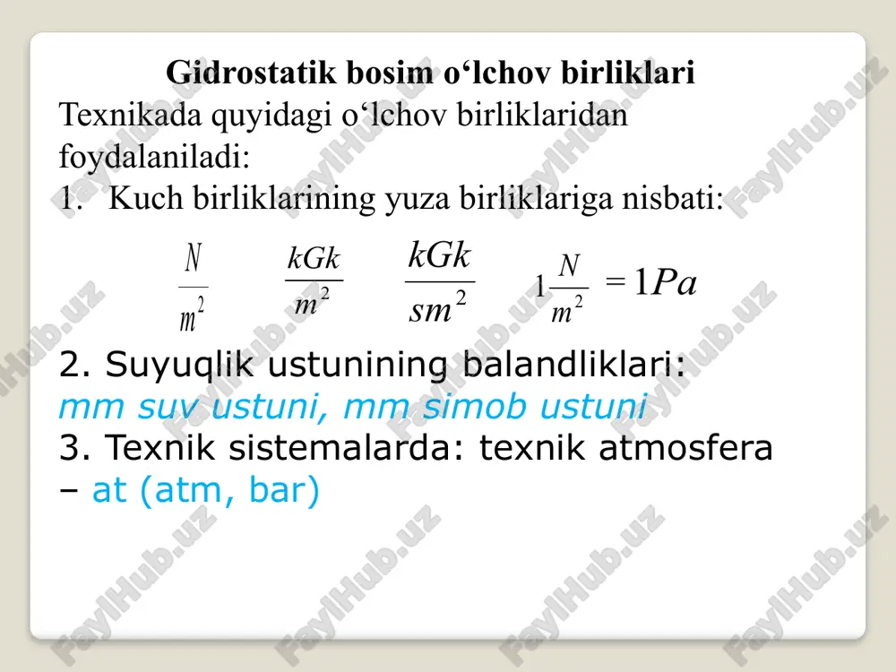 o`tarilganiga qarab aniqlanadi. berilgan ma`lumotlarga asosan: pm=ρg (h-hc)=1000*9,18*(1,5-0,5) = 9810pa 1 p =98.1=9.81= 107.91 kpa 2-masala: agarda naydagi simob ustuni balandligi hc = 30 sm, hamda simob bilan suvni ajratadigan farq idish o’qidan h = 10 sm pastdan o’tsa, idishdagi suvning to’liq va manometrik bosimlari aniqlansin. yechish: suyuqliklarni ajratadigan 00 chiziqda nisbatan muvozanat tenglamasini tuzamiz. patm+ρcgch=p+ ρgh bundan p=patm+ρcgch- ρgh va pm=p-patm=ρcgch- ρgh idish markazidagimonametrik bosim berilgan shartlarda pm=ρcgch-ρgh=13600kg/m3 * 9,81m/sek2 *0,3 m-1000kg/m3 *9,81m/sek2 *0,1 m =39043,8 pa bo’ladi: to’liq gidrostatik bosim esa quyidagiga teng bo’ladi p=patm -pm =98100-39043,8=59056,2 pa har bir talabaga 1-masalani bajarish uchun variantlar № 1 2 3 4 5 6 7 8 9 10 11 12 13 14 15 16 17 18 19 20 hc 0,2 0,3 0,4 0,5 0,6 0,7 0,8 0,9 1,0 1,1 1,2 1,3 1,4 0,9 1,0 1,1 1,2 1,3 1,4 0,9 h 2,1 2,2 2,3 2,4 2,5 2,6 2,7 1,6 1,7 1,8 …