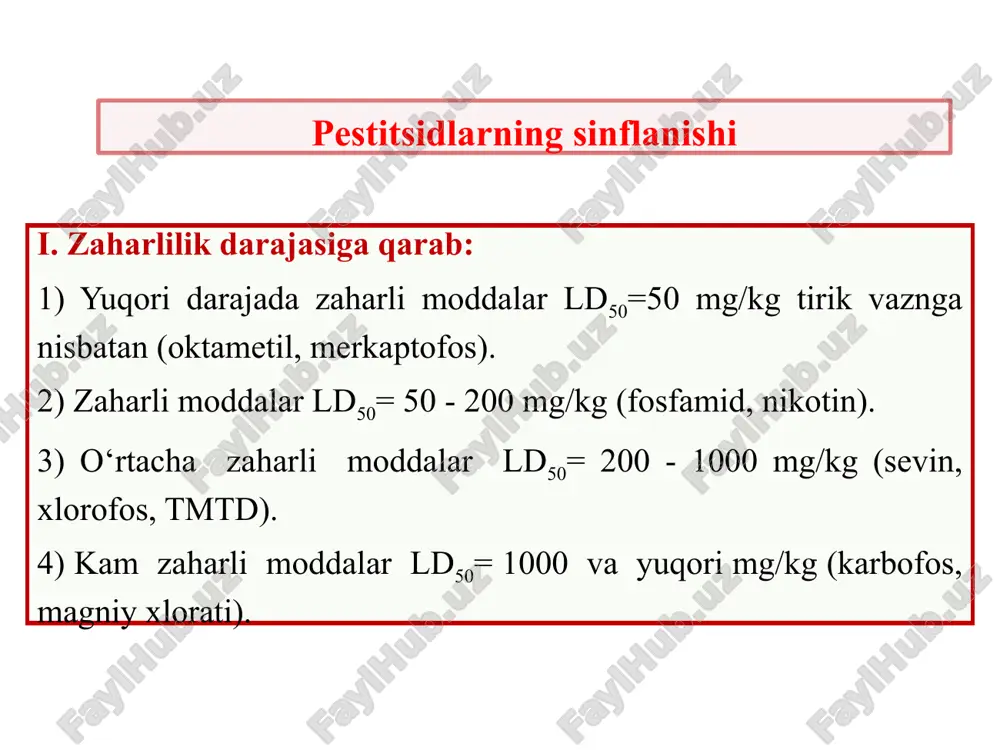 aqlovchi turli kislotalarning hosilalari hisoblanadi. 1. fosfat kislota hosilalari: a) dimetildixlorvinilfosfat, b) benzotef, v) imifos. ii. tiofosfat kislota hosilalari a) metafos; b) metil-etil-tiofos; v) metilnitrofos; g) trixlormetofos-3; d) metilmerkaptofos iii. ditiofosfat kislota hosilalari: a) karbofos; b) fosfamid; v) ftalofos; g) fozalon. iv. pirafosfor kislota hosilalari: oktametil. v. boshqa fosfin kislotalar hosilalari: a) xlorofos, b) butifos. fosfororganik birikmalarni gidrolizlanishi ajratib olish karbofos ph=1 benzol (3) 25% metilmerkaptofos ph=3 xloroform (3) 50% butifos ph=7 dietil efiri (3) 70% sayfos ph=5 dietil efiri (3) 40% ftalafos ph=7 dietil efiri (3) 42% fozalon ph=7 dietil efiri (3) 60% xlorofos ph=2 dietil efiri (3) 64% oktametil ph=5 xloroform (3) 40% qizil rang fosfororganik birikmalarni umumiy aniqlash usullari 1. fosformolibden ko‘ki xosil bo‘lish reaksiyasi: h3po4 + 12(nh4)2moo4 + 21hno3  (nh4)3po4*12 moo3+ 21nh4no3 qaytaruvchi qo‘shilsa barqaror ko‘k rang hosil bo‘ladi: moo3·mo2o5·nh2o 2. foblarning antixolinesteraza effektiga asosan aniqlash: a) xestrin usuli bo‘yicha; b) indikatorlar rangini o‘zgarishi bo‘yicha …