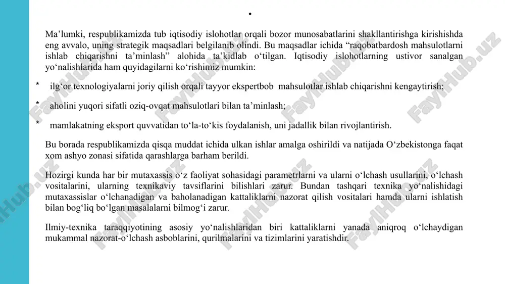 tning rivojlanishi, hozirgi zamon talablarining bajarilishi nazorat-o‘lchash asboblariga bog‘liqdir. bu esa o‘zbekiston mustaqillikga erishgandan so‘ng yaqqolroq namoyon bo‘la boshladi. chunki sobiq ittifoq davrida o‘zbekistonga asosan hom-ashyo yaratishga asoslangan davlat sifatida qaralar edi. bundan 15-20 yil muqaddam respublikamizda ishlab chiqarilgan yalpi ichki mahsulotning (yaim) 70-80 foizi hom ashyo (asosan qishloq xo‘jalik) mahsulotlari bo‘lgan bo‘lsa, hozirga kelib yaimning tarkibida turli xizmat turlari, iste’molga tayyor sanoat va qishloq ho‘jalik mahsulotlari o‘rin olgan. respublikamizning eksport salohiyati salmoqli ortishiga erishildi. mamlakatimiz o‘z avtosanoatiga, energetikasiga, kommunikatsiyasiga ega bo‘ldi, xalqaro standartlashtirish tashkilotining (iso) to‘la huquqli a’zosi sifatida qabul qilindi. bu soxani rivojiga, akademiklardan: m.z.xamidxonov, d.a.abdullaev, n.r.yusupbekov, v.q.qobilov, t.d. rajabov, professorlardan: o.a.azimov, r.k.azimov, m.f.zaripov, sh.m.g‘ulomov, x.z.igamberdiev, p.r.ismatullaev, b.i.muxamedov, o.sh.xakimov va ko‘plab fan nomzodlari, olimlar, tajribali metrologlar o‘zbek metrologiyasining rivojiga katta xissa qo‘shmoqdalar. me’yoriy. hujjatning sarvarag‘ida uning belgisi va nomi keltiriladi: so‘z boshida mazkur hujjat to‘g‘risida umumiy ma’lumotlar keltiriladi me’yoriy hujjatni ishlab chiqish va tasdiqlashga taqdim qilish; ushbu me’yoriy …