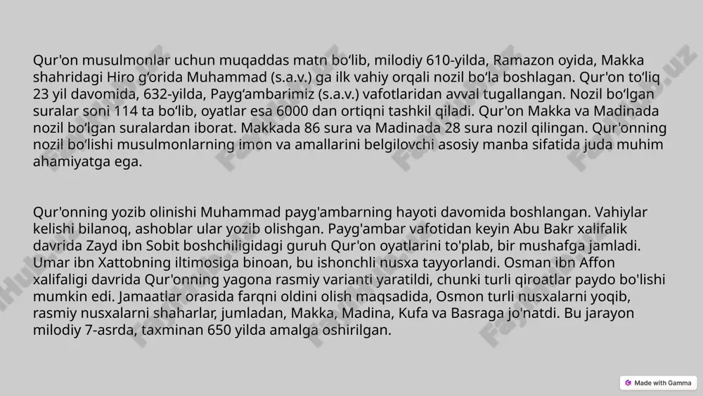 isnod silsilasi orqali ishonchlilik tekshiriladi, havolalarning sanadiga asoslanib tozaligi ko‘riladi. hadislar sahih, hasan va zaif nomlariga ko‘ra turkumlanadi. bu tasnif ilmi hadis ilmi deb ataladi. muhaddis olimlar va ularning xizmatlari imom buxoriy "sahih al-buxoriy" to'plamining muallifi. imom muslim "sahih muslim" to'plamining muallifi. imom termiziy "sunan at-termiziy" to'plamining muallifi. muhaddis olimlar hadis ilmining rivojlanishiga katta hissa qo'shganlar. ularning sa'y-harakatlari natijasida biz sahih hadislarni zaif hadislardan ajratish imkoniyatiga ega bo'ldik. 7 fiqh ilmining shakllanishi va asosiy mazhablar hanafiy mazhabi imom abu hanifa tomonidan asos solingan. molikiy mazhabi imom molik tomonidan asos solingan. shofeʼiy mazhabi imom shofeʼiy tomonidan asos solingan. hanbaliy mazhabi imom ahmad ibn hanbal tomonidan asos solingan. 8 aqida ilmining rivojlanishi va asosiy yo'nalishlar 1 ahl as-sunna wal jama'a 2 ash'ariyya 3 moturidiya aqida ilmi islom dini asoslarini o'rganadi. ahl as-sunna wal jama'a, ash'ariyya va moturidiya kabi yo'nalishlar islom olamida keng tarqalgan. 9 islom ilmlarining o'zbekiston madaniyatiga ta'siri madrasalar islom ilmlarini …