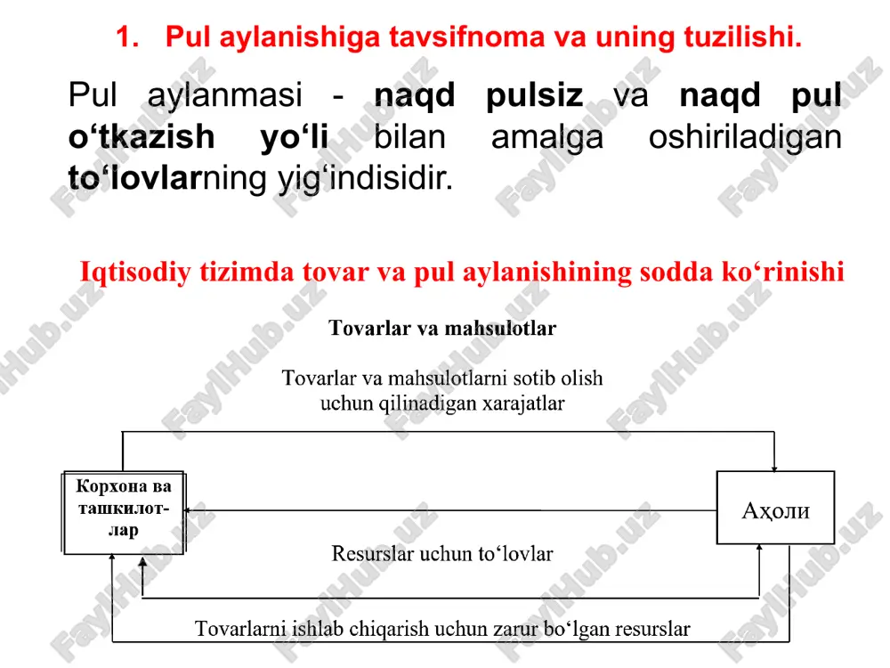 rlar jo‘natilgandan keyin yoki xizmat bajarilgandan so‘ng o‘tkaziladi. avans to‘lovlari tijorat kreditiga ruxsat etilmas edi; –to‘lovchining roziligi to‘lov o‘tkazilishining asosi sifatida tan olingan; –qaysi sohada qaysi hollarda naqd pulsiz hisobkitob shakllarini ishlatilishi, ularni tashkil qilish tamoyillari to‘lovchining to‘lovga va kreditga layoqatlilik qobiliyatini hisobga olmas edi. pul aylanmasi tarkibida naqd pulsiz hisob-kitoblar hajmini oshirish undovchi omillari: yuridik va jismoniy shaxslarning banklarga bo‘lgan ishonchining yuqoriligi. iqtisodiyotda monetizatsiya koeffitsiyenti darajasining tegishli me’yori ta’minlangan bo‘lishi lozim. tijorat banklarining resurslarga bo‘lgan ehtiyojining yetarli ravishda qondirilmasligi. –tovarlar jo‘natilmasdan yoki xizmatlar bajarilmasdan oldin, bunday to‘lovlar avans to‘lovlari yoki oldindan to‘lov ko‘rinishida amalga oshiriladi; –tovar jo‘natilgandan keyin, ya’ni tovarni bevosita aktsept qilish yo‘li bilan; – yirik summada tuzilgan shartnomalarda ko‘rsatilgan summalarni bo‘lib-bo‘lib to‘lash yo‘li bilan amalga oshiriladi. muddatli to‘lovlar quyidagi hollarda amalga oshiriladi: naqd pulsiz hisob-kitoblarning amaldagi shakllari o‘zbekistonning amaldagi qonunchiligiga ko‘ra xo‘jaliklar o‘rtasidagi o‘zaro kitoblar naqd pulsiz hisob kitoblarning quyidagi shakllari asosida amalga oshiriladi: – to‘lov topshiriqnomasi; …