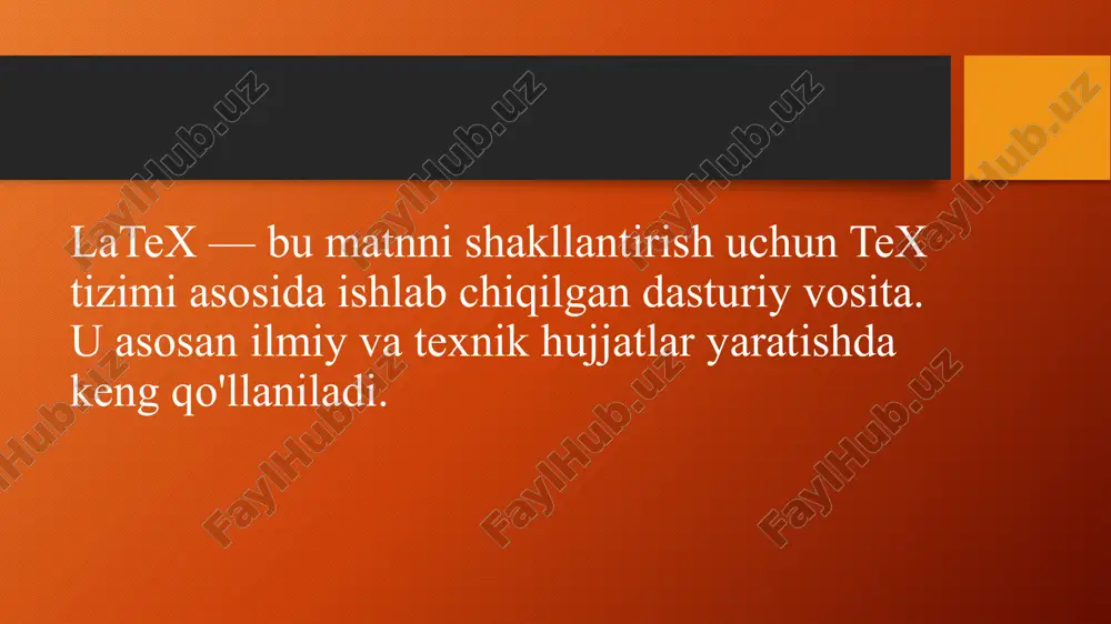 % telo dokumenta \selectlanguage{russian} zdes mojet bud vash sobstvenniy tekst. \selectlanguage{english} your own text can be here. \end{document} preambula har doim ushbu buyruq bilan boshlanadi: \documentclass[sinf variantlari]{hujjat sinfi} \documentclass buyrug'i kelajakdagi hujjat hujjatining asosiy parametrlarini belgilaydi 1.1- jadval. hujjatlarning asosiy sinflari sinf maqsad article(maqola) jurnal maqolalari, taqdimotlar, qisqa hisobotlar uchun ishlatiladi report(hisobot) ko'p qismli hujjatlar, kichik kitoblar uchun ishlatiladi book(kitob) "haqiqiy" kitoblar uchun ishlatiladi letter(xat) harflar uchun ishlatiladi beamer taqdimotlar uchun ishlatiladi 1.2-jadval. hujjat sinfining asosiy parametrlari variantlar maqsad 10pt, 11pt, 12pt tegishli shrift hajmini o'rnatish a4paper, letterpaper, a5paper qog'oz hajmini o'rnatish onecolumn (default), twocolumn ustunlar sonini belgilash oneside, twoside bir yoki ikki sahifali ko'rinishni belgilang. bir tomonlama hujjatlarda ikki sahifali hujjatlarda chap va oʻng chetlari simmetrik boʻladi, tashqi cheti juft sahifalar uchun chapda, toq sahifalar uchun esa oʻng tomonda boʻladi bizning misolimizda, kelajakdagi hujjat a4 varaqlarida 10pt shrift o'lchamida yozilgan maqola bo'ladi. preambulaning keyingi qismi paketlarni ulash buyruqlari bilan …
