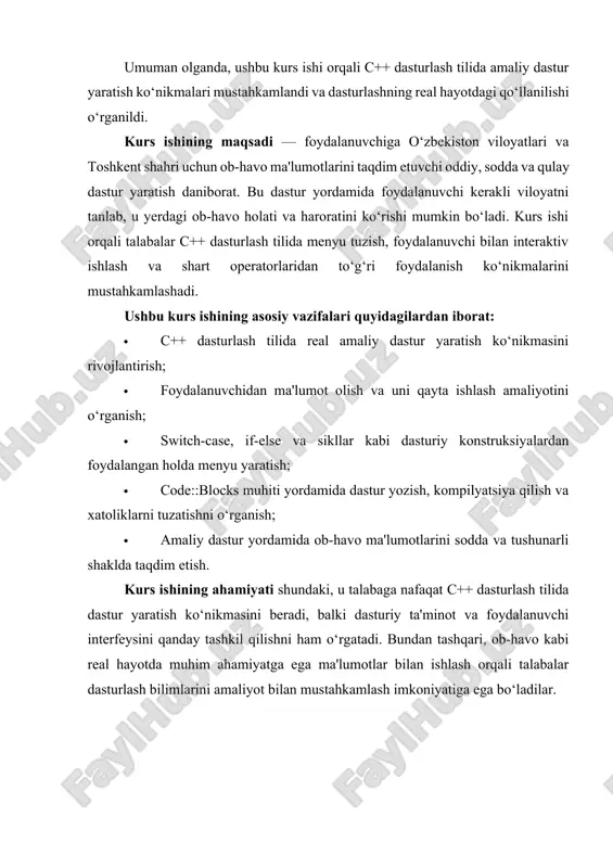 ‘rgatadi. bundan tashqari, ob-havo kabi real hayotda muhim ahamiyatga ega ma'lumotlar bilan ishlash orqali talabalar dasturlash bilimlarini amaliyot bilan mustahkamlash imkoniyatiga ega bo‘ladilar. i bob. ob-havo bashoratlari haqida umumiy malumot 1.1. ob-havo va iqlim tushunchalari, ularning farqlari ob-havo va iqlim — yer atmosferasining holatini ifodalovchi ikkita asosiy tushuncha bo‘lib, ular ko‘pincha o‘zaro adashtiriladi, biroq ular orasida muhim farqlar mavjud. ularning to‘g‘ri talqin qilinishi meteorologiya, geografiya, agronomiya va boshqa ko‘plab sohalarda katta ahamiyatga ega. ob-havo tushunchasi ob-havo — bu ma'lum bir joyda, ma'lum bir vaqtda atmosferaning qisqa muddatdagi fizik holatini ifodalovchi tushunchadir. ob-havo odatda bir necha soat, kun yoki hafta davomida o‘zgaradi. ob-havoning asosiy ko‘rsatkichlari quyidagilardan iborat: · havo harorati (issiq yoki sovuq) · namlik darajasi · atmosfera bosimi · shamol tezligi va yo‘nalishi · bulutlilik · yog‘in (yomg‘ir, qor, do‘l) · ko‘rinish masofasi (masalan, tuman sababli kamayishi) ob-havo holati asosan quyosh nurlanishi, geografik joylashuv, relyef, okean oqimlari va mahalliy tabiiy …