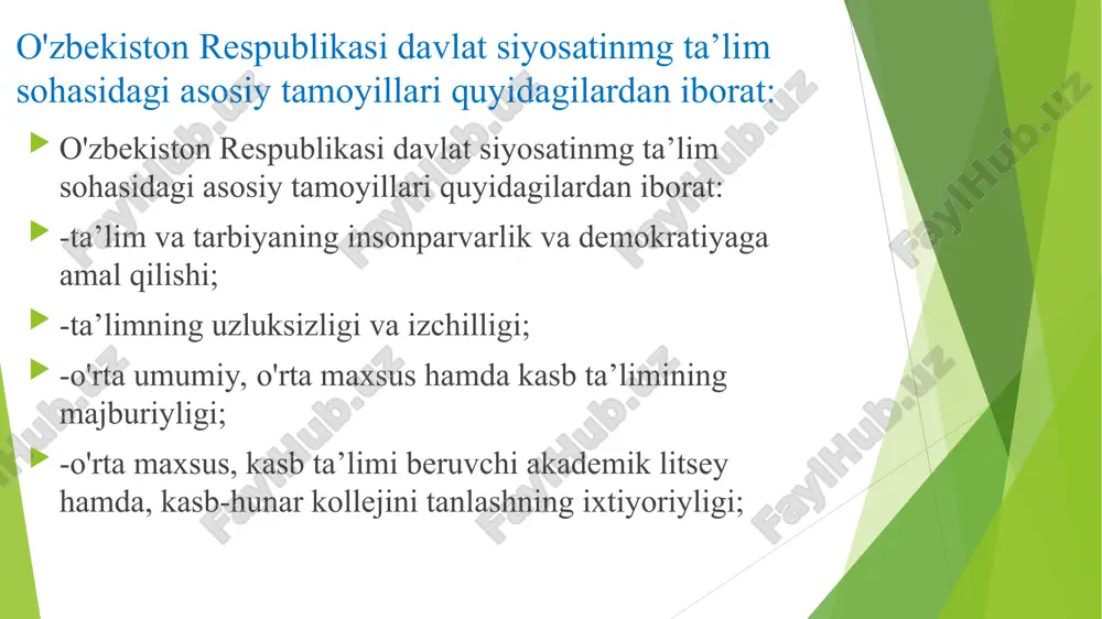 n qullab quvvatlanadi. akkreditatsiyadan o’tgan ta’lim muassasalarini bitirganlar uchun davlat tartibidagi hujjatlar beriladi. (guvoxnoma, diplom, sertifikat, yorliq). ta’lim jarayonini ishtirokchilarini ijtimoiy himoyalash: “taʼlim toʻgʻrisida”gi oʻzbekiston respublikasi qonunining 8 –moddasida: oʻzbekiston respublikasida taʼlim sohasida keng islohotlar amalga oshirilmoqda. respublikada joriy etilgan taʼlim tizimi, uning turlari va shakllari orqali har bir fuqaroning taʼlim olishdagi konstitutsiyaviy huquqlari amalga oshirib kelinmoqda. davlatimiz tomonidan ilmiy sohadagi rivojlanishlar keng qoʻllab-quvvatlanmoqda. ayniqsa bu oʻrinda yosh avlodni kichik yoshdan boshlab sogʻlom va har tomonlama yetuk qilib voyaga yetkazish, taʼlim-tarbiya jarayoniga samarali taʼlim-tarbiya shakllarini hamda usullarini joriy etish va shu orqali bolalarni rivojlantirish borasidagi ishlar muhim ahamiyat kasb etadi. “taʼlim toʻgʻrisida”gi oʻzbekiston respublikasi qonunining 8 –moddasida: maktabgacha taʼlim - maktabgacha taʼlim va tarbiya bolalarni oʻqitish va tarbiyalashga, ularni intellektual, maʼnaviy-axloqiy, etik va estetik va jismoniy jihatdan rivojlantirishga, shuningdek bolalarni umumiy oʻrta taʼlimga tayyorlashga qaratilgan taʼlim turidir. - maktabgacha taʼlim-tarbiya olti yoshdan yetti yoshgacha boʻlgan bolalarni boshlangʻich taʼlimga bir yillik …