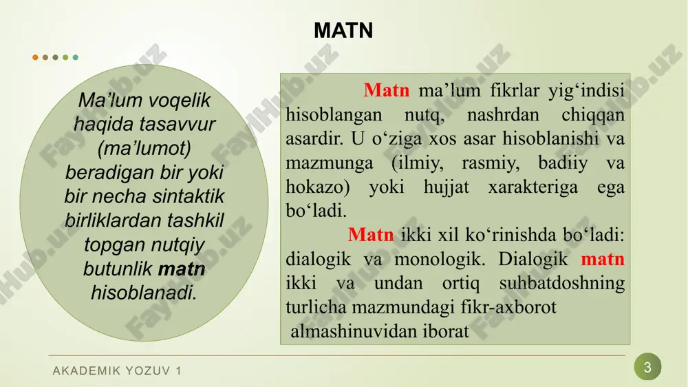 farhod, shirin, mehnbonular o‘rtasidagi kurash ko‘rsatiladi. shoir farhod, mehnbonu, shirinlarning barcha harakat- lariga xayrixohlik bildiradi. shohni adolatli bo‘lishiga undash g‘oyasini ilgari suradi. akademik yozuv 1 14 1. tahlilda asarning mazmuniga ham shakliga ham e’tibor berish va mazmunning yetakchi rolini ta’kidlab o‘tish zarur. 2. matn tahlilida tahlilning yuqoridagi u yoki bu turidan foydalaniladi. 3. matnni sharhlash so‘z va so‘z shakllari badiiy tasvir vositlarining asar g‘oyaviy va estetik mazmunini oshirishdagi roli izohlanadi. matnni sharxlashda lingvistik aspekt asosiy o‘rinni egallaydi. u traditsion adabiiy tahlilda ham yetakchi sanaladi, chunki u matnning estetik strukturasi va badiiy tasvir vositlarini o‘rganishga ko‘maklashadi. akademik yozuv 1 foydalanilgan adabiyotlar 15 azimova i. o'zbek tilidagi gazeta matnlari mazmuniy pertseptsiyasining psixolingvistik tadqiqi: filol. fan. nomz. … diss. avtoref. – toshkent, 2008. belyanin v. p. psixolingvistika. uchebnoe posobie. –m.: flinta, 2008. gluxov v.p. osnovi psixolingvistiki. uchebnoe posobie. –m.: at: astrel, 2008. qurbonova, ma’rufjon yo‘ldoshev matn tilshunosligi –toshkent: universitet, 2014. xudoyberganova d. matnning …