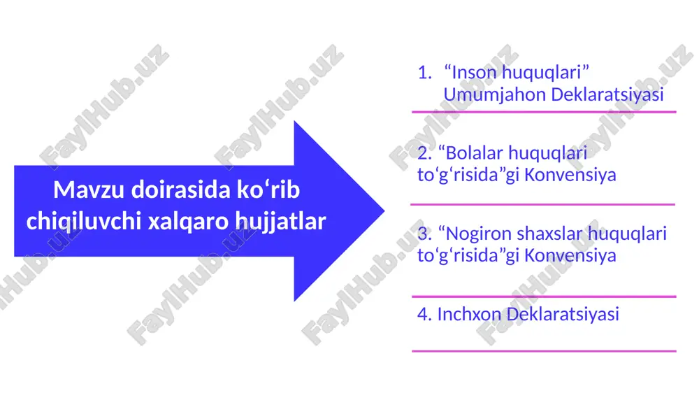 o‘ngilli tarzda zimmalariga mazkur kelishuv qoidalarini ma’muriy qonunchilik, sud va boshqa chora-tadbirlar yordamida hayotga tatbiq etish majburiyatini oldilar. konvensiya hamma bolalarni, shu qatori maxsus ehtiyojli bolalar huquqlarini ham himoya qiladi va qo‘llab-quvvatlaydi. aynan 2, 23, 28, 29 - moddalarda maxsus ehtiyojli bolalarning huquqlari belgilangan. 2-modda maxsus yordamga muhtoj bolalar uchun asosiy modda hisoblanadi. konvensiyaning 23-bandida maxsus ehtiyojli bolalarning ta’limi xususida quyidagicha ta’kidlangan: ishtirokchi davlatlar aqliy va jismoniy jihatdan yaxshi rivojlanmagan bola o‘zining qadr-qimmatini ta’minlaydigan, o‘ziga ishonch tug‘diradigan va uning jamiyat hayotidagi faol ishtirokini yengillashtiradigan sharoitlarda yashashlarini ta’minlaydilar”. maxsus ehtiyojli bolalrni umumta’lim muassasalari tizimida o‘qitish ularning haq-huquqlarini ta’minlaydi. bmtning 2006-yil 13-dekabrda qabul qilingan va 2008-yil 3-mayda kuchga kirgan “nogironlar huquqlari to‘g‘risida”gi konvensiyasida nogironlar shaxsiyatini hurmat qilish huquqining tug‘ilishi bilan mavjud bo‘lishi, nogironlikning kelib chiqishi, darajasidan qat’iy nazar, fuqaro o‘z yoshidagi tengdoshlari bilan bir xil huquqlarga ega bo‘lishi, ular mumkin qadar to‘laqonli yaxshi hayot kechirish huquqiga ham ega ekanliklari ta’kidlanadi. 3. “nogironlar …