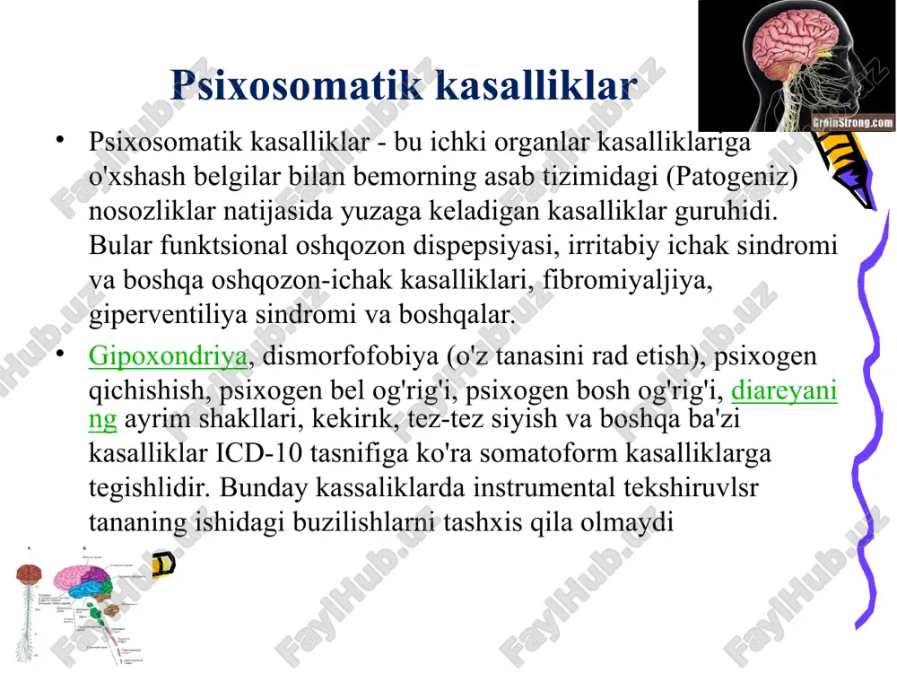 orligidir; 2. insonning ikki tomonlama mohiyati (r. dekart) - tana va ruh boshqa tabiatga ega, lekin ayni paytda bir-biri bilan o'zaro ta'sir qilishadi; 3. inson tanasi ruhning quroli sifatida (n.lekin) - tana ruhga bo'ysunadi va uning organi hisoblanadi. * psixosomatik reaktsiyalarning sabablari psixologlar cheek va lecorn 1968-yilda psixosomatik kasallikning mumkin bo'lgan sabablarining quyidagi ro'yxatini taklif qilishdi: konflikt - shaxsning turli qismlari o'rtasidagi ichki ziddiyat psixosomatik simptomning shakllanishiga olib kelishini mumkin. tana tili xabari - alomat hal etilmagan psixologik muammo haqidagi metaforik xabardir (masalan: "men buni hazm qila olmayman"). kasallikdan foyda olish - bu toifaga o'z egasiga yoki unga yaqin kishiga qandaydir shartli foyda keltiradigan sog'liq muammolari kiradi. yara - kasallikning sababi o'tmishdagi travmatik tajriba (xiyonat, rad etish, tashlab ketish, tahqirlash, adolatsizlik) bo'lishi mumkin. identifikatsiya - jismoniy alomat shaxsga o'xshash bo'lishni xohlaydigan shaxs (qahramon, ota-ona, murabbiy) bilan identifikatsiya qilish natijasida shakllanishi mumkin (lekin ba'zida aksincha, ongli darajada o'xshash bo'lishni istamaslik kuchli.). …