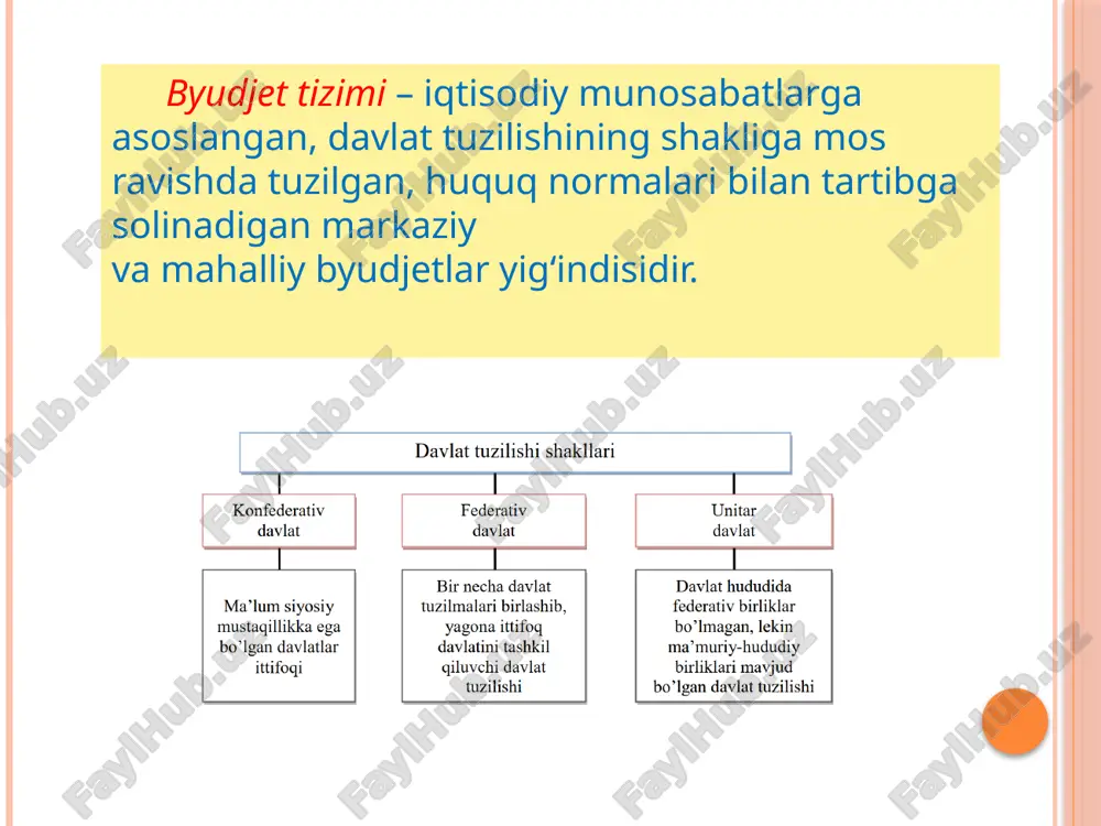 lar byudjet transfertlari subvensiyalar - muayyan maqsadlarga sarflash sharti bilan yuqori turuvchi byudjetdan quyi turuvchi byudjetga qaytarmaslik sharti bilan ajratiladigan pul mablag‘lari; o‘tkazib beriladigan daromadlar - tegishli ma’muriy-hududiy birlikda (masalan, biror tuman, shahar yoki viloyat hududida) shakllanadigan va yuqori turuvchi byudjetga o‘tkaziladigan, keyinchalik ular shakllangan bo‘lsa, o‘sha ma’muriy-hududiy qayerda birlik byudjetiga o‘tkazib beriladigan daromadlar; dotatsiyalar - byudjet tizimi byudjetlariga ularning o‘z daromadlari yetishmagan taqdirda daromadlar bilan xarajatlar o‘rtasidagi farqni qoplash uchun qaytarmaslik sharti bilan ajratiladigan pul mablag‘lari; byudjet ssudalari - qaytarish sharti bilan yuqori turuvchi byudjetdan quyi turuvchi byudjetga, shuningdek davlat maqsadli jamg‘armalari byudjetlariga ajratiladigan pul mablag‘lari; o‘zaro hisob-kitoblar bo‘yicha mablag‘lar -moliya yili mobaynida byudjetlar parametrlari o‘zgarganda yuqori va quyi turuvchi byudjetlar o‘rtasida yuzaga keladigan o‘zaro pul munosabatlari. davlat bilan korxonalar, tashkilotlar, muassasalar va aholi o‘rtasidagi davlat markazlashgan pul fondining shakllanishi yuzasidan vujudga keladigan iqtisodiy pul munosabatlari hisoblanadi. davlat byudjeti daromadlari davlat byudjetining daromadlari tizimi davlat byudjetining daromadlari tizimi byudjet …