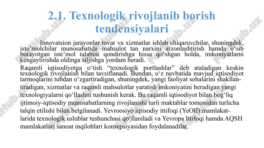 l yo‘lidan boradi, chunki yuqorida aytib o‘tilgan texnologik tuzilmalarning har biri turli bosqichlardan o‘tgan va umumiy iqtisodiy o‘sishga sezilarli ta’sir ko‘rsatgan to'rt sanoat inqilobi 1770-1860 birinchi sanoat inqilobi bug 'va yigirish fabrikalari davri bug' mashinasi, yigiruv va to'qish mashinalari, metallurgiya, torna 1860-1900 ikkinchi sanoat inqilobi telegraf, temir yo'llar, dvigatellar po'lat va ishlab chiqarish liniyalari davri ichki yonish, konveyer 1900-2010 uchinchi sanoat inqilobi 2010-2060 to’rtinchi sanoat inqilobi nbic texnologiyalari, gen muhandisligi, 3d printerlar, qayta tiklanadigan energiya, dronlar, narsalar interneti kompyuterlar davri kompyuterlar, elektronika, yadro energiya, robotlar bugungi kunda dunyo bizning ko'z o'ngimizda jadal ravishda o'zgarmoqda. kundan kunga paydo bo`layotgan yangi texnologiyalar hayot, e'tiqod va qadriyatlarni tobora o'zgartirmoqda. va shu tufayli dunyo to'rtinchi sanoat inqilobini boshdan kechirmoqda. sanoat 4.0 atamasi 2011 yilda dastlab gannoverdagi ko'rgazmada tilga olingan. “yigirma birinchi asr mashinalari" degan muqobil tushuncha mavjud. u massachusets texnologiya universitetining professorlari tomonidan qo'llaniladi. to’rtinchi sanoat inqilobining paydo bo’lishi inqilobiy o’zgarishlar ,dastavval, texnologiya sohasida …