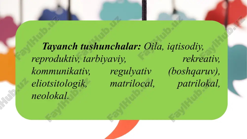 la­ning boshqarish funksiyasi ma’lum darajada rasmiy tarzda belgilab ham qo‘yilgan. oilaning ijtimoiy funksiyalari. reproduktiv (biologik nasl) tarbiyaviy (yosh avlodni jamiyat hayotiga tayyorlash) iqtisodiy va iqtisodiy (uy xo'jaligi, nogiron oila a'zolarini qo'llab-quvvatlash va homiylik qilish) ma'naviy va hissiy (shaxsiy rivojlanish, ma'naviy o'zaro boyitish, nikoh ittifoqida do'stona munosabatlarni saqlash) bo'sh vaqt (oddiy bo'sh vaqtni tashkil etish, qiziqishlarni o'zaro boyitish) jinsiy (jinsiy ehtiyojlarni qondirish) zamonaviy jamiyatda yadro oilasi eng keng tarqalgan. boshlang'ich- uch kishidan iborat oila: er, xotin va bola. bunday oila, o'z navbatida: to'liq - ikkala ota-ona va kamida bitta bolani o'z ichiga oladi to'liq bo'lmagan - faqat bitta ota-onadan iborat bolali oila yoki farzandsiz faqat ota-onadan iborat oila kompozitsion- bir nechta bolalar tarbiyalanadigan to'liq yadroli oila. bir nechta bolalar bo'lgan kompozit yadroli oilani bir nechta boshlang'ich oilalarning birikmasi sifatida ko'rib chiqish kerak. oilaning yashash joyiga qarab: matrilokal - xotinning ota-onasi bilan yashaydigan yosh oila. patrilokal - erning ota-onasi bilan birga yashaydigan …