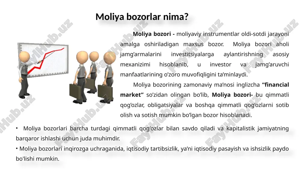 at narxi sotib olmasligi uchun oldindan past narxni kafolotlab qo’yish asosiy aktivlarni kelajakda past narxi sotmasligi uchun oldindan yuqori narxni kafolotlab qo’yish forvard shartnoma - bu asosiy aktivni kelajakda kelishilgan ma’lum bir narxiga sotib olishga yoki sotishga rozi bo'lgan ikki tomon o'rtasidagi shartnoma xaridor sotuvchi fyuchers shartnomasi - bu ikki tomon o'rtasida tuzilgan shartnoma bo'lib, unda har ikki tomon ma'lum miqdordagi ma'lum bir aktivni va oldindan belgilangan narxda, kelajakdagi belgilangan aniq sanada oldi-sotdi qilish bitimi. futures shartnomasi seller opsion shartnomalar opsion shartnomalar ikki tomon o’rtasidagi sharnoma bo’lib, u uning egasiga qimmatli qog’ozlarni yoki tovarlarni bitimda qayt etilgan narxda belgilangan muddatda sotish yoki sotib olish huquqini beruvchi xujjat. put opsion call option swop shartnomalar - bu shunday moliyaviy shartnoma bo’lib, u bir tomonga tegishli bo’lgan kelgusidagi to’lovlarni ikkinchi tomonning kelgusidagi to’lovlariga almashish majburiyatini yuklovchi shartnoma. swoplarni futures shartnomalardan farqi: birjadan tashqari bozorda amalga oshiriladi; shartlar kontragentlar tomonidan amalga oshiriladi; yirik kompaniyalar …