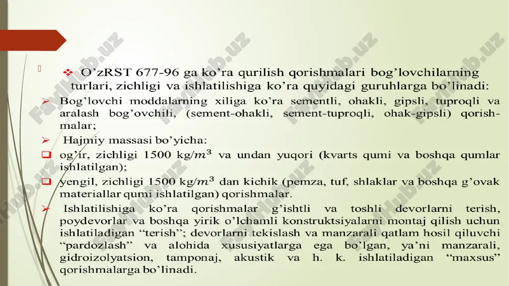 va 40 ming tonna “rotband” suvog‘i ishlab chiqarish quvvatiga ega. 2022 yilda tashkil etilgan. boshqa korxonalar: “kristall gips” (dahana qaqir shaharchasi) “dahanasoy gips” (g‘aniobod qfy) “sho‘rsuv barkamol tongi” (sho‘rsuv shaharchasi) “arabella class gips” (qo‘qon sh.) “vodiy gips” (sho‘rsuv shaharchasi) toshkent viloyati “ko‘hi-nur jilosi” xususiy korxonasi: chirchiq shahrida joylashgan. “sizod stroy master” mchj: yuqorichirchiq tumanida faoliyat yuritadi. “ohangaron bunyodkor ta‘min” mchj: ohangaron tumanida joylashgan. “tot-group” xususiy korxonasi: bo‘ka tumanida faoliyat yuritadi. samarqand viloyati “filler star” oilaviy korxonasi: tayloq tumanida joylashgan. gips zahiralari haqida umumiy ma'lumot gips zahiralari miqdori: 2024-yilgi rasmiy hisobotlarga ko‘ra, o‘zbekistonda gips zahiralari 10 million tonnaga baholangan. o‘zbekiston dunyoda gips ishlab chiqaruvchi yetakchi davlatlardan biri hisoblanadi . asosiy ohaktosh konlari va zahiralari navoiy viloyati zaxiralar: viloyatda 6 ta ohak uchun ohaktosh koni mavjud bo‘lib, ularning umumiy zahirasi 114,9 million tonnani tashkil etadi. farg‘ona viloyati ishlab chiqarish hajmi: 2024-yilning yanvar-sentabr oylarida o‘zbekistonda yirik korxonalar tomonidan 474,7 ming tonna ohaktosh ishlab …