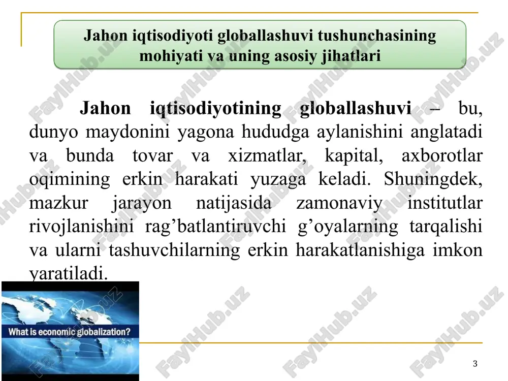 egally binding trade agreement between costa rica, iceland, new zealand and switzerland that primarily pursues environmental policy objectives. * gwe 1992-2022 yillarda jahon valyuta bozorining kunlik aylanmasi hajmi (mlrd. aqsh doll.) * sostavleno na osnove dannix banka mejdunarodnix raschetov (bmr), publikuemix v otchetax kajdie tri goda: triennial central bank survey: foreign exchange exchange and derivatives market activity in 2022 / bank for international settlements. april, 2022. yillar 1992 1995 1998 2001 2004 2007 2010 2013 2016 2019 2022 hajmi 820 1190 1527 1239 1934 3324 3973 5357 5067 6590 7508 gwe * iqtisodchi olimlar fikriga koʻra jahon iqtisodiyotida globallashuv jarayoni quyidagi holatlarni oʻz ichiga oladi: mintaqaviy integratsion jarayonlarni jadallashtiradi; xo’jalik yuritishni toʻliq erkinlashtirmagan davlatlar iqtisodiyotini ochiqligini ta’minlaydi; istalgan bozorlarga barcha ishtirokchilarning qarshiliksiz kirishini ta’minlaydi; moliyaviy va savdo operatsiyalarni amalga oshirishga tegishli tartiblarni universallashtiradi; bozorlarni tartibga solish va nazorat qilishni bir me’yorga keltiradi, ya’ni unifikatsiya qiladi; kapitalni joylashtirish, investitsion jarayonlar va …
