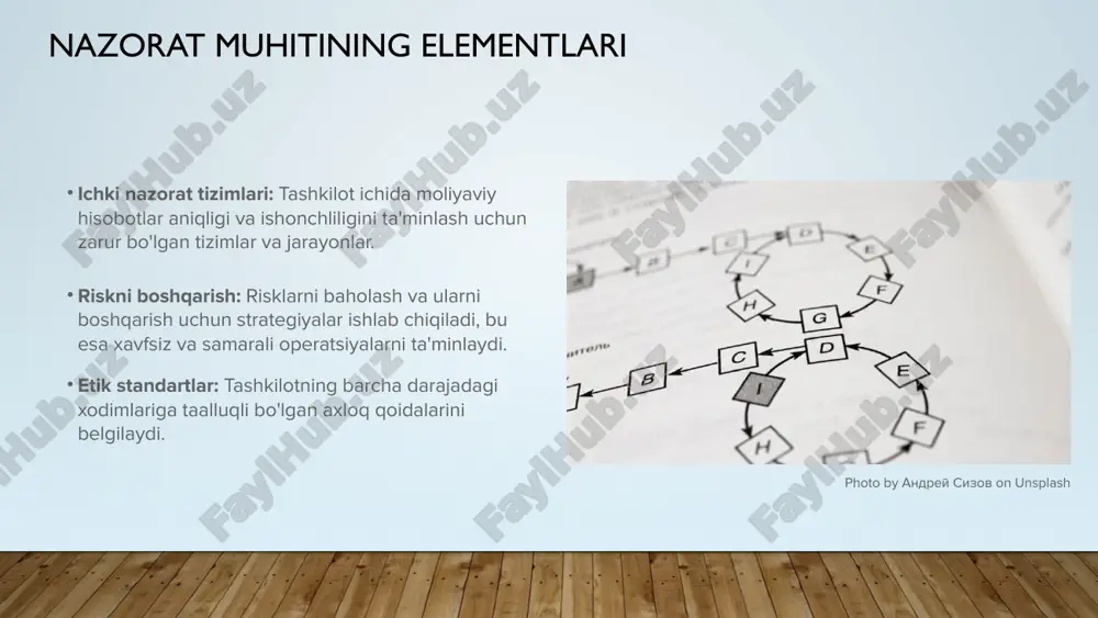 lgilab beradi. compliance masalalari: tashkilotlar o'z faoliyatlarini doimiy ravishda mavjud qonunlar doirasida amalga oshirishlari kerak, bu esa ularning huquqiy javobgarligini kamaytiradi. qonuniy oqibatlar: qonunlarga rioya qilmaslik auditorlar va tashkilot uchun salbiy oqibatlarga olib kelishi mumkin. photo by melinda gimpel on unsplash audit xodimlarining tayyorgarligi va rivojlantirish tayyorgarlikning ahamiyati: audit xodimlarining malakasini oshirish va yangi qonuniy talablarga moslashuvchanlikni ta'minlash. doimiy ta'lim va rivojlantirish: xodimlarga muntazam ravishda yangi bilim va ko'nikmalar berish, bu ularning ish samaradorligini oshiradi. seminar va treninglar: muntazam seminarlar va treninglar orqali xodimlarining bilim va ko'nikmalarini yangilab turish. photo by amélie mourichon on unsplash texnologik yutuqlar texnologiya qo'llanilishi: zamonaviy texnologiyalar audit jarayonlarini tezlashtiradi va yanada aniqroq ma'lumotlar beradi. avtomatlashtirish va sun'iy intellekt: sun'iy intellekt va avtomatlashtirish auditdagi xato va kamchiliklarni kamaytirishda yordam beradi. ma'lumotlar tahlili: keng ko'lamli ma'lumotlar tahlili audit jarayonlarining samaradorligini oshiradi va yangi tushunchalarni ochib beradi. photo by enzoy on unsplash rahbariyatning roli rahbariyatning auditdagi roli: rahbariyatning …