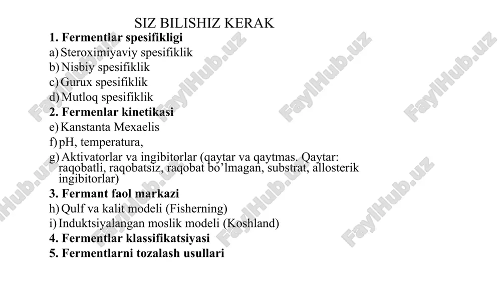 eroksidazi udalenie lignina iz kraft-bumagi[38]. lichnaya gigiena proteazi udalenie belkov s kontaktnix linz dlya predotvrasheniya infektsiy. morfologik har-xil hujayralarda fermentlar soni va ularni xilma-xilligi ham har xil bo‘ladi. masalan, prokariot hujayralarda 3000 ga yaqin oqsil moddalari aniqlangan bo‘lsa, eukariotlar hujayralarida bu son 40000 dan ortadi. organik hayotda fermentlar eng murakkab birikma hisoblanadi. ular 20 ta har xil aminokislotalardan tuzilganlar. har bir oqsil uchun o‘ziga xos bo‘lgan aminokislotalar ketma-ketligi ma’lum. fermentlarni molekulyar og‘irligi bir necha mingdan, bir necha milliongacha bo‘ladi. fermentlar o‘ziga xos bo‘lgan spetsifiklikka va faollikka ega. bu esa fermentlarni, bizga ma’lum bo‘lgan boshqa kimyoviy birikmalardan ajratib turadi. fermentlar o‘zlarining spetsifikliklari bo‘yicha uch guruhga bo‘linadilar: 1. nisbatan past spetsifiklikka ega bo‘lgan fermentlar. bu guruhga barcha gidrolitik fermentlar: amilazalar, lipazalar, pektinazalar, sellyulazalar, esterazalar va boshqalar kiradilar. yuqorida ko‘rsatilgan fermentlar har xil tezlikda polimer, oligomer hamda past molekulali substratlarga ta’sir ko‘rsatadilar. 2. bir-birlariga o‘xshash strukturaga ega bo‘lgan bir guruh substratlarga ta’sir etuvchi …
