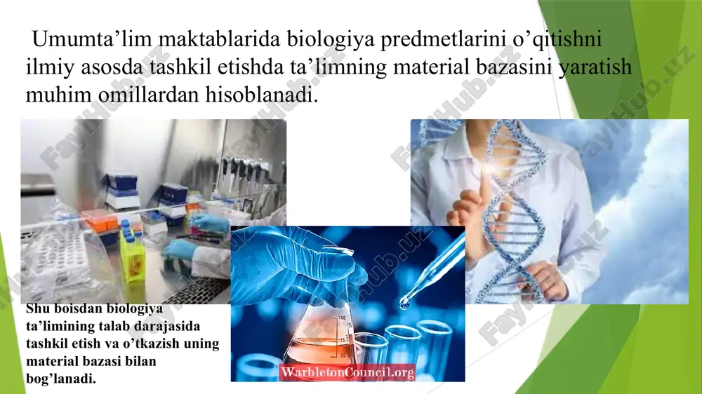 padi. tasviriy ko’rgazma vositalar qatoriga o’quv jadvallar, rasmlar, modellar, re’lef jadvallar, sxemalar kabilar kiradi. undan tashqari mashg’ulotlar uchun zarur bo’lgan tarqatma materiallar, laboratoriya asbob anjomlari, mikroskoplar maxsus shkaflarda saqlanadi. undan tashqari mashg’ulotlarda kuzatish va tajribalar o’tkazish uchun spirt lampalari, kimyoviy stakanlar, kolbalar, tsilindrlar, voronkalar, shtativlar, reaktivlar, termometrlar bo’lishi kerak. ekskursiya anjomlari- o’simliklarni yig’ish va quritish uchun kerak bo’ladigon gazetalar, gerbariy papkalari, presslar, teshelar, gulqayychilar, taxlanadigon metrlar, belkuraklar, matraplar, entomologik qutichalar, probirkalar, prparoval ignalar, lupalar kabi birqator tarqatma materiallar ham bo’lishi shart. tirik tabiat burchagi o’quvchilarni tirik o’simlik va hayvonlar bilan tanishtirish, ular ustida kuzatish, tajribalar o’tkazishda tirik tabiat burchagining o’rni, ahamiyati juda kattadir. ayniqsa kuz va qish fasllarida tirik tabiat burchagida asralayotgan o’simlik va hayvonlarni mashg’ulotlardagi ahamiyati nixoyatda sezilari bo’ladi. shunday qilib tirik tabiat burchagi: 1.o’quv yili moboynida mashg’ulotlarda tirik o’simlik va hayvonlardan foydalanishga; 2. darslarda amaliy mashg’ulotlar tashkil etib o’tkazishga; 3.yosh tabiatshunoslar to’garagi ish uchun zarur sharoitlar yaratib berishga …