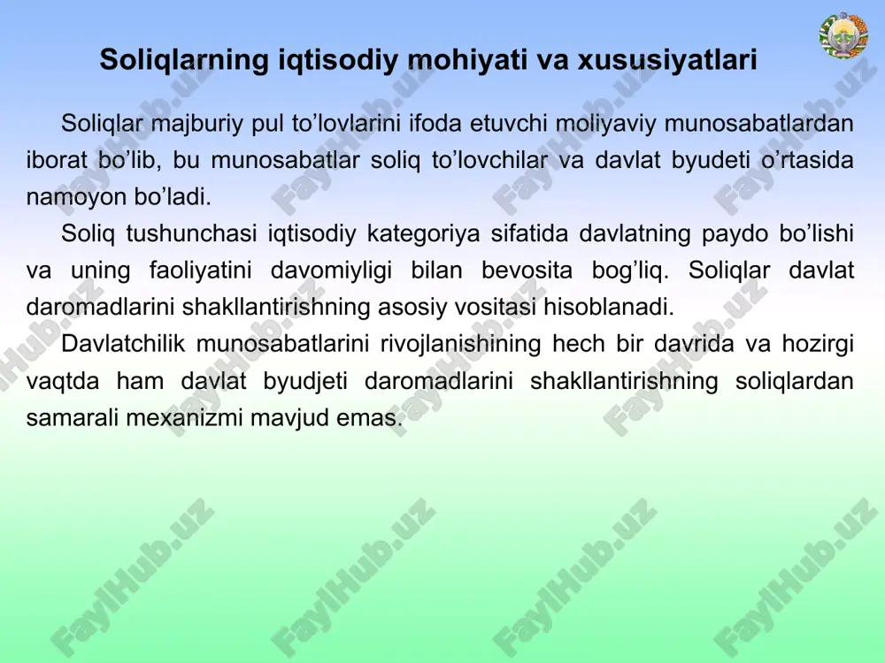 ari bo’yicha qat’iy belgilangan soliq * o’zbekiston respublikasi davlat budjeti daromadlarining asosiy ko’rsatkichlari (foizda) ko’rsatkichlar 2012 yil 2013 yil 2014 yil (reja) davlat maqsadli jamg’armalar daromadlarisiz - jami 100 100 100 to’g’ri soliqlar 25,4 24,2 25,8 egri soliqlar 49,0 51,1 51,8 mol-mulk solig’i va resurs to’lovlari 15,6 14,8 15,0 boshqa daromadlar 10,0 9,9 7,4 * o’zbekiston respublikasi davlat byudjeti soliqli daromadlari tarkibi 2012 yil 2013 yil 2014 yil (prognoz) mlrd.so’m foiz mlrd.so’m foiz mlrd.so’m foiz 1.to’g’ri soliqlar 5414,2 25,4 6353,7 24,2 7790,4 25,8 1.1. yuridik shaxslardan olinadigan foyda solig’i 1001,1 4,7 1038,8 4,0 1302,3 4,3 1.2. savdo va umumiy ovqatlanish korxonalaridan olinadigan yast-dan davlat byudjetiga ajratma 645,9 3,0 832,6 3,2 989,9 3,3 1.3. yast-dan davlat byudjetiga ajratma 588,2 2,8 755,0 2,9 911,6 3,0 1.4. jismoniy shaxs-dan olinadigan daromad solig’i 2301,8 10,8 2717,3 10,4 3313,9 11,0 1.5. tadbirkorlik faoliyati bilan shug’ullanuvchi yuridik va jismoniy shaxs-n olin-gan qat’iy soliq 317,3 1,5 415,6 …