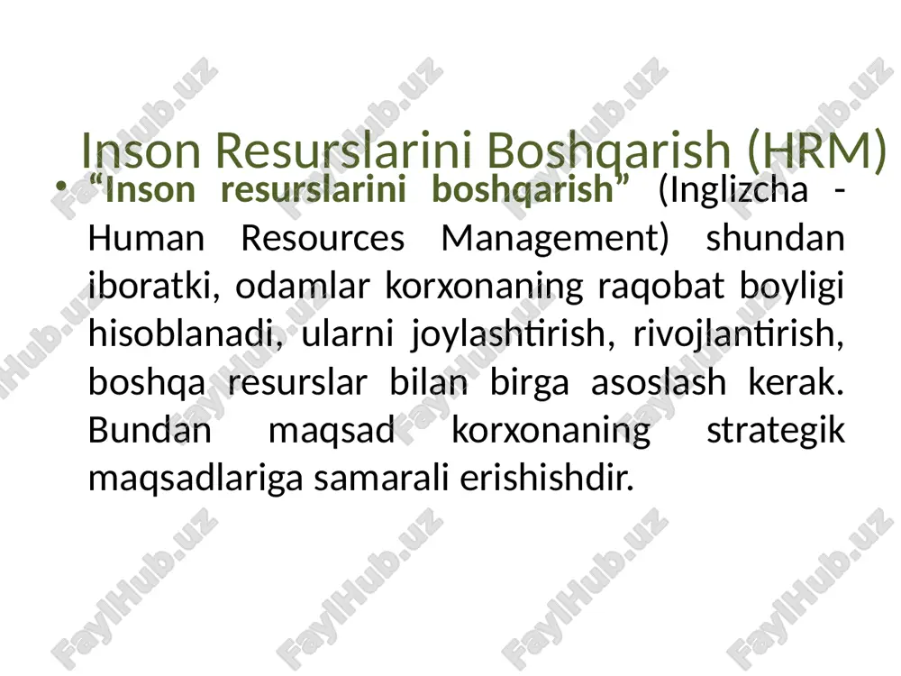 hasi ancha umumiy tarzda mazkur korhona va tashkilotning barcha yollangan hodimlari jamini qamrab oladi, ular mutlaqo aniq vazifalarni bajaradilar. “personalni boshqarish (pm)” va “inson resurlarini boshqarish (hrm)” tushunchalari orasidagi farq http://thedifference.ru/otlichie-upravleniya-personalom-ot-upravleniya-chelovecheskimi-resursami/ personalni boshqarish an’anaviy uslub kadrlani boshqarish, hodimlarning va ishchilar orasidagi munosabatlarning farovonligi inson resuslarini boshqarish zamonaviy uslub jamoaviy yondashuv ahamiyat menejerlarga qaratilgan chiziqli boshqaruv uslubidagi menejer boshqaruvi ostida olib boriladi bosh (oliy) rahbar boshqaruvi ostida olib boriladi ahamiyat oddiy hodimlarga qaratilgan individual yondashuv korxonadagi inson resurslarini yollash, rivojlantirish, motivatsiya qilish. foydalanilgan adabiyotlar ro’yxati o’zbekiston respublikasining mehnat kodeksi. - t.: “adolat”, 1996. o’zbekiston respublikasining “kadrlar tayyorlash milliy dasturi”. toshkent, 1998. “personalni boshqarish” fanidan ma’ruzalar matni, timi, toshkent, 2013 “personalni boshqarish” fanidan ma’ruzalar matni, samarqand qishloq xo’jalik instituti, samarqand, 2007 hhtp://thedifference.ru/otlichie-upravleniya-personalom-ot-upravleniya-chelovecheskimi-resursami/ adabiyotlar: o'zbekiston respublikasi prezidentining farmoni «2022 — 2026 yillarga mo'ljallangan yangi o'zbekistonning taraqqiyot strategiyasi to'g'risida» 28.01.2022 yil, pf-60-son q.x.abdurahmonov, x.x.abdurahmonov, inson resurslarini boshqarish. o'quv qo'llanma. toshkent: ilm ziyo, 2014, 272 …