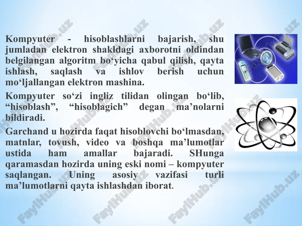 otosuratlarni kompyuterga kiritish uchun qo’llaniladi web-kamera xonadagi jixozlarni va qog’ozdagi ma’lumotlarni kompyuter orqali ko’rishga mo’ljallangan blue ray optik disklarning yangi standarti blue ray deb ataladi. bu nom ko‘k nur degan ma’noni bildiradi va bu disklarni o‘qishda ishlatiladigan yanada qisqa to‘lqin uzunligiga ega lazer nurining rangidan olingan. oldingi optik disklarda qizil nurli lazerdan foydalanilar edi. blue ray disklarining hajmi 25 gb – 100 gb bo‘lib, to‘liq yuqori aniqlik standartidagi tele ko‘rsatuvlar va video materiallarni saqlash uchun foydalaniladi. flesh xotiralar. flesh xotira (flash memory – bir zumda (ko‘z yumib ochguncha) o‘qiydigan xotira) deb elektron mikrosxemalar ko‘rinishidagi, elektr ta’minotidan uzilganda ham o‘zidagi ma’lumotlarni saqlab qola oladigan va kompyuterga usb shina orqali ulanadigan tashqi xotiraga aytiladi. flesh xotiralar dastlab raqamli foto va video kameralarda qo‘shimcha xotira sifatida qo‘llanilgan. oradan bir necha yil o‘tib, 2001 yilda ular usb shina orqali ulanadigan shaklda sotuvga chiqarildi. ularning sig‘imi avval 1, 2, 4 yoki 8 mb bo‘lgan bo‘lsa, …