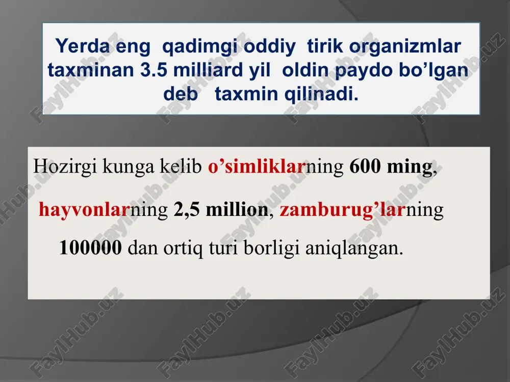 ari meteoritlar ishtirokida tarqalmaydi, chunki meteoritlar atmosferaga ishqalanishi natijasida juda qizib ketadi. oqibatda hayot kurtaklari nobud bo'ladi. shunga ko'ra, panspermiya faraziga muvofiq, hayot kurtaklari quyoshdan ajralgan yorug’lik nurlarining bosimi ta'sirida yerga tarqalgan deyilgan.bu farazda ham ular kosmik va ultrabinafsha nurlar ta’sirida o’lib ketadi. tabiatshunoslar fikriga ko’ra, yer bundan taxminan 7-5 milliard yil oldin paydo bo’lgan. dastlab yer changsimon holatda, harorati juda yuqori (4000-8000̊ c) bo’lgan. asta sekin sovish jarayonida og’ir elementlar sayyoramizning markaziga, yengillari periferik joylasha boshlagan. yerda eng qadimgi oddiy tirik organizmlar taxminan 3,5 milliard yil avval paydo bo’lgan deb taxmin qilinadi. hayot avval kimyoviy keyin biologik evolutsiyaning mahsuli. kimyoviy evolutsiya miller tajribasi d.oro tajribasi foks tajribasi birlamchi atmosfera birlamchi atmosfera gazlari h2, c,o2 n2 larning o’zaro turli nisbatda birikishidan hosil bo’lgan is gazi, karbanat angidrid, metan, ammiak, suv bug’lari bo’lgan. bular quyidagicha hosil bo’lgan c + o2 = co (is gazi) c + o2 = co2 (karbanat angidrid) …
