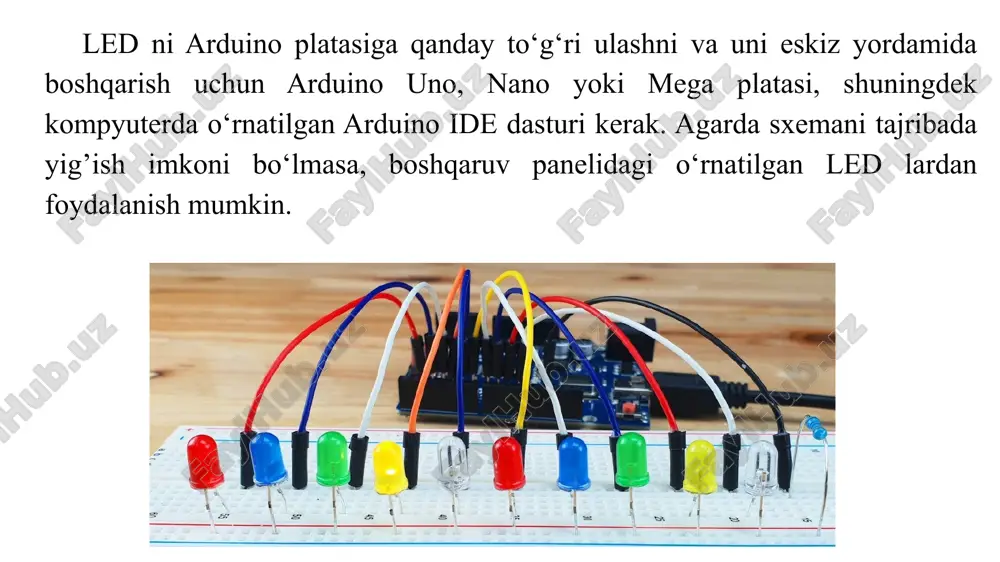 ko‘k ledni olish mumkin. qisqa oyoqlar minus - yerga ulangan. shuni yodda tutish lozimki, 3 tadan ortiq ledni ulash arduino platasining quvvat moduliga katta yuk beradi. shu sababli, bir vaqtning o‘zida bir nechta ledni uzoq vaqt davomida yoqishni tashkil qilish tavsiya etilmaydi. mustaqil ishlash uchun topshiriqlar: 1. arduino sxemalarini o‘zingiz ulang. 2. arduino ideda mustaqil ravishda bu ish uchun dastur yozing. 3. mayoqni yarim soniya yorug‘lik qilib turing va miltillash orasidagi pauza bir soniyaga tenglashtiring. 4. misol kodini o‘zgartiring, shunda chiroq ishga tushgandan keyin uch soniya davomida yonsin va keyin standart rejimda miltillasin. havolalar http://edurobots.ru/2014/03/arduino-svetodiod/ https://www.youtube.com/watch?v=idbjfyninti https://arduinomaster.ru/uroki-arduino/podklyuchenie-svetodioda-k-arduino/ http://edurobots.ru/2014/03/arduino-svetodiod/ https://www.youtube.com/watch?v=idbjfyninti thank you that you took the time to watch image1.png image2.png image3.jpeg image4.jpeg image5.jpeg image6.jpeg image7.jpeg image8.jpeg image9.png image10.jpeg image11.jpeg image12.png image13.png /docprops/thumbnail.jpeg