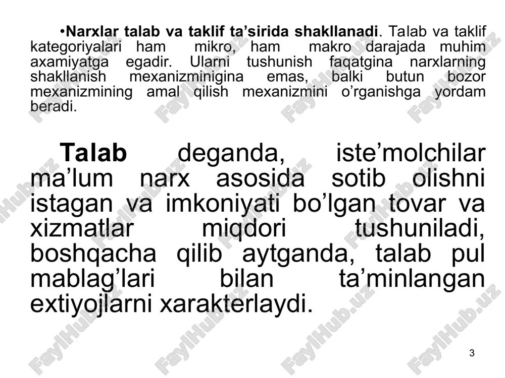 alabning oshishi boshqa teng sharoitlarda muvozanat narxining va sotiladigan maxsulot miqdorining oshishini keltirib chiqaradi; 2) talabning kamayishi muvozanat narxining va sotiladigan maxsulot miqdorining kamayishiga olib keladi; 3) taklifning oshishi muvozanat narxining pasayishi va sotiladigan maxsulot xajmining oshishini keltirib chiqaradi; 4) taklifning kamayishi muvozanat narxining oshishi va sotiladigan maxsulot xajmining kamayishini keltirib chiqaradi. * a d a b i y o t l a r salimov b.t., muxitdinova u.s., mustafaqulov sh.i., salimov b.b. mikroiqtisodiyot. darslik. t. 2015. egamberdiev e. mikroiqtisodiyot darslik.-t.: tmi, 2004. 226-b g'ulomov s.s., alimov r.x., salimov b.t. mikroiqtisodiyot darslik. t.: sharq 2001- y. 320-b r. pindayk, d. rubinfeld. mikroiqtisodiyot. t. 2002 maksimova v.f. mikroekonomika: ucheb. m.: markt ds, 2012. – 368s. pindyck, robert s.microeconomics. – copyright 2013, macmillan publishing company, a division of macmillan, inc. campbell r. mcconnell. microeconomics. - copyright 2015, macmillan publishing company, a division of macmillan, inc. r ( yuz sum ) 5 d · …