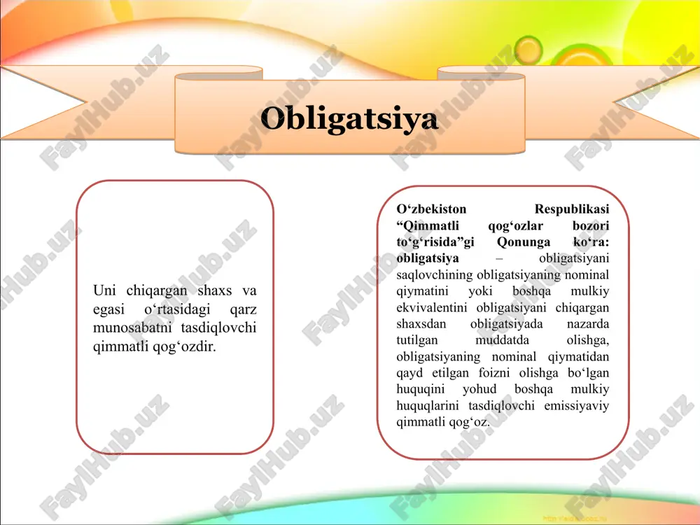 stavkali obligatsiyalar - suzib yuruvchi kupon stavkali obligatsiyalar - muomala muddati davomida kupon foiz stavkasi bir xil oshib boruvchi (indeksli) obligatsiyalar - minimal yoki nol kuponli obligatsiyalar (daromadlilik joylashtirish (bozor) bahosi nominal qiymatdan keli chiqib belgilanuvchi obligatsiyalar) - to‘lov tanlovli obligatsiyalar - kupon stavka yoki suzib yuruvchi stavka bo‘yicha daromad to‘lanuvchi aralash turdagi obligatsiyalar muomala xarakteri bo‘yicha - konvert obligatsiyalar - aktsiyalarga konvertatsiyalanishi mumkin bo‘lgan obligatsiyalar qilingan investitsiyalar himoyalangan darajasi bo‘yicha - yuqori ta’minotga va nufuzga ega kompaniyalar tomonidan emissiya qilingan ishonchli obligatsiyalar - ishonch nihoyatda past spekulyativ xarakterga ega obligatsiyalar xalqaro tajribaga koʻra obligatsiyalarning turli xil turlari amal qilishiga qaramasdan ularni daromad toʻlash shakllari boʻyicha quyidagicha uchta tur keng qoʻllaniladi: kuponli obligatsiya qiymati quyidagi formula boʻyicha aniqlanishi mumkin: suveren xalqaro obligatsiyalarini jahon moliyaviy bozorlarida joylashtirilishi mamlakatimizning iqtisodiy salohiyatini xalqaro investorlarga batafsil namoyish etib, xorijiy investorlar uchun respublikamizga investitsiya kiritishda suveren riskini to’g’ri baholash uchun imkoniyat yaratdi. mamlakatimizda yetarli darajada …